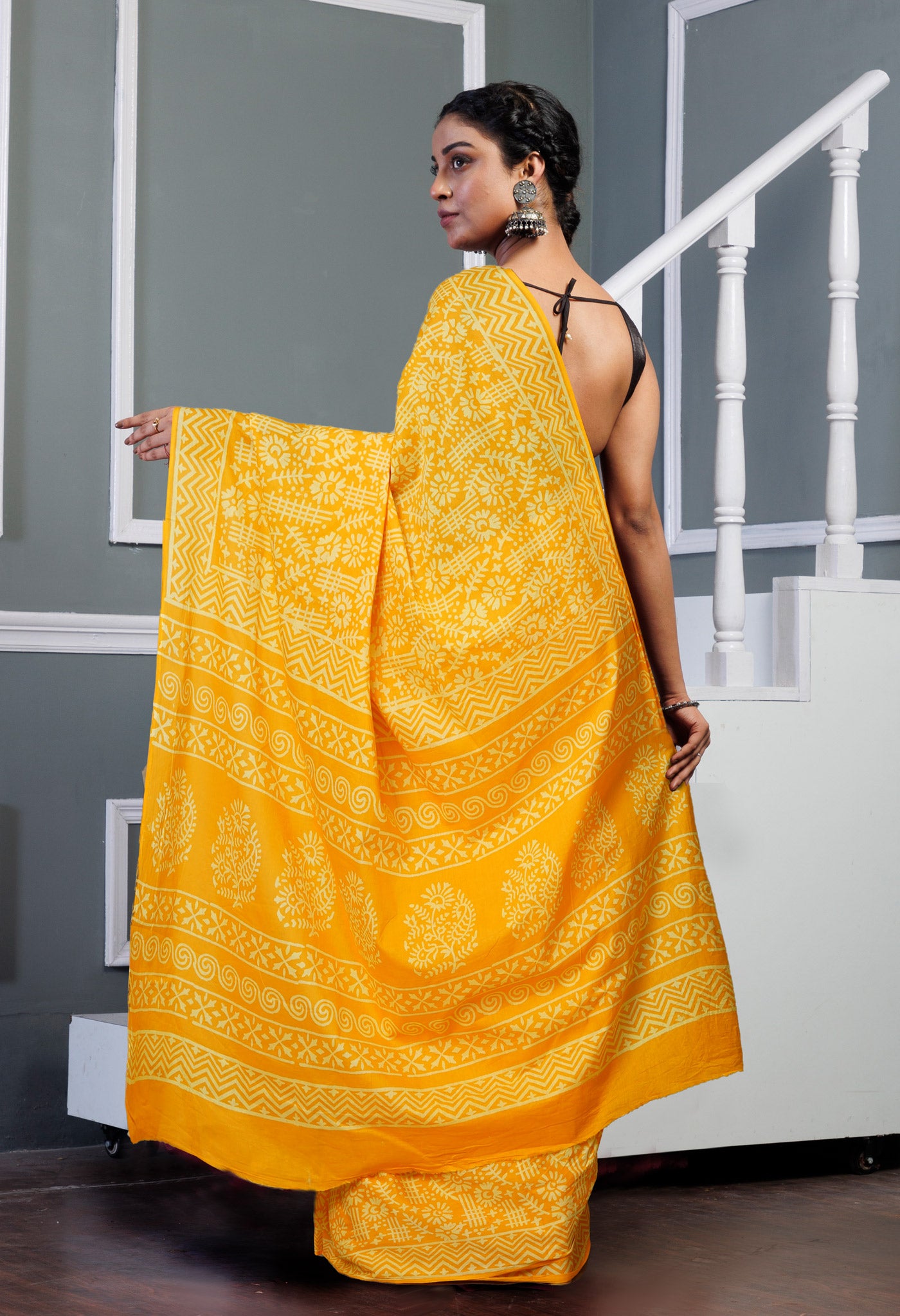 Yellow Pure Hand Block Printed Soft Cotton Saree-UNM79590