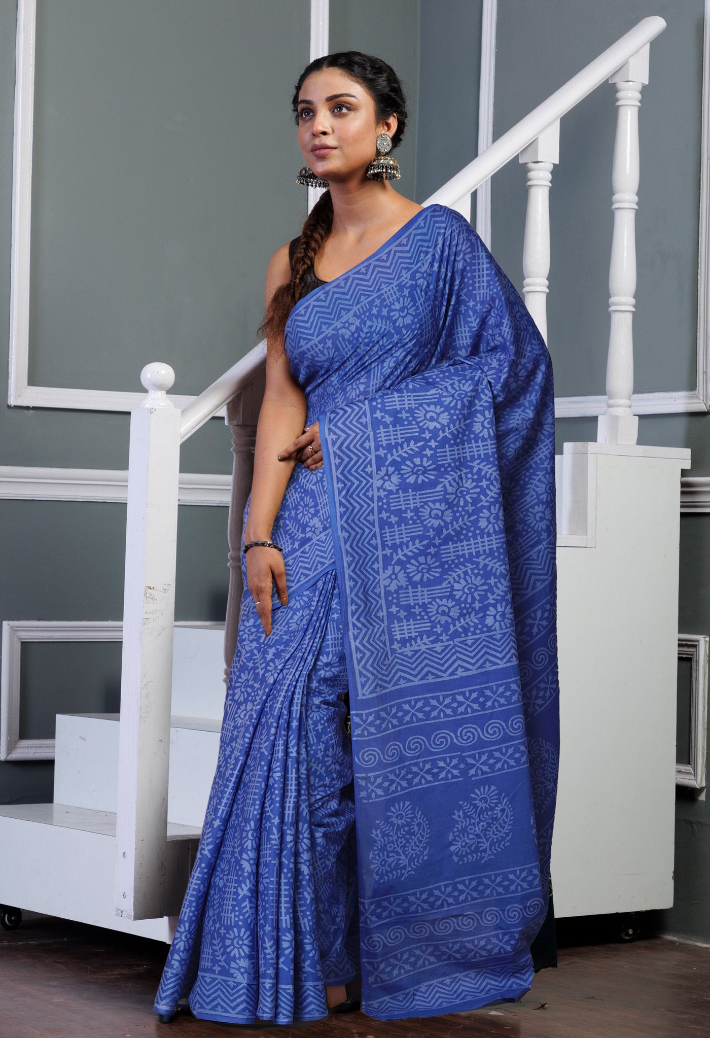 Navy Blue Pure Hand Block Printed Soft Cotton Saree-UNM79591