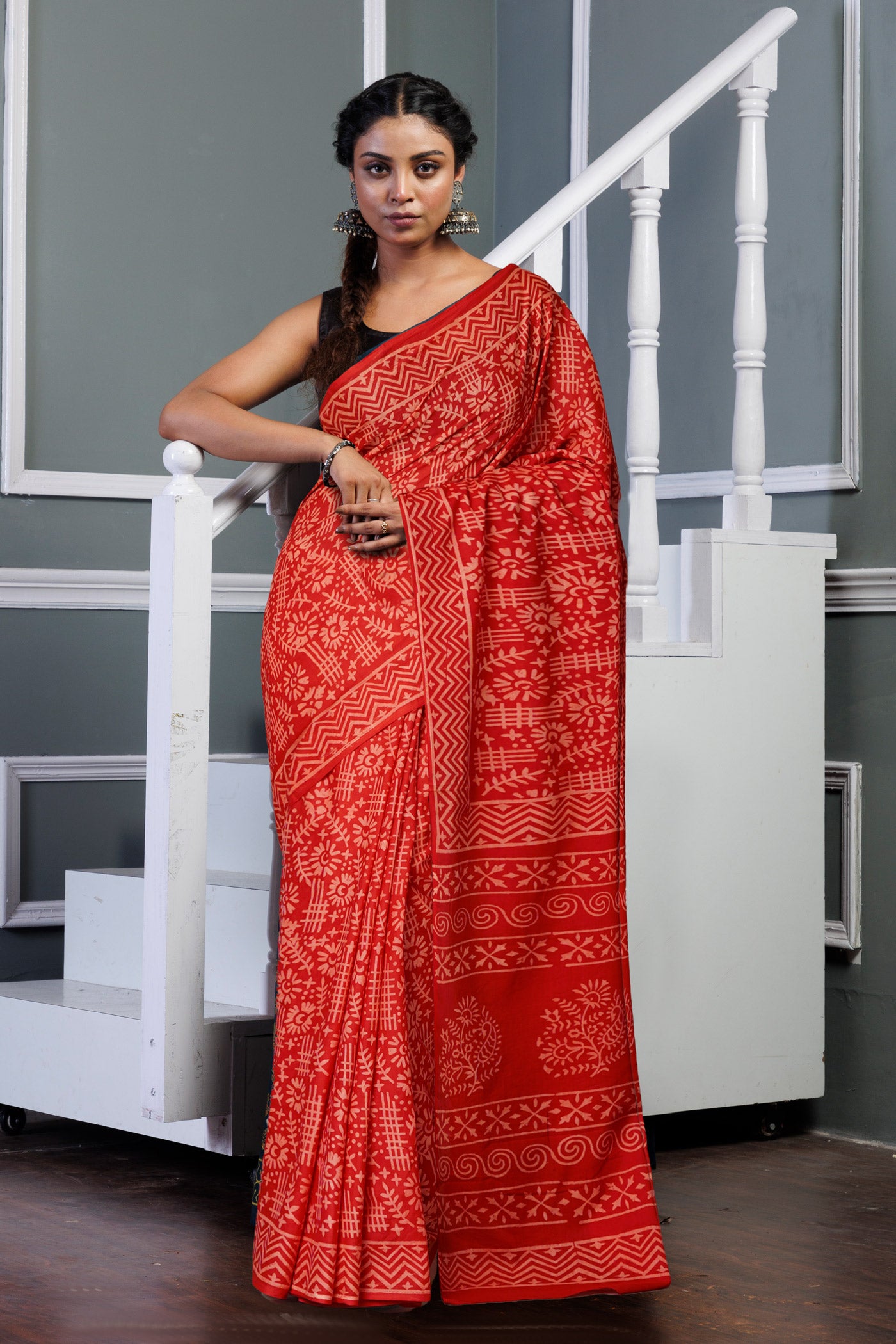 Red Pure Hand Block Printed Soft Cotton Saree-UNM79592