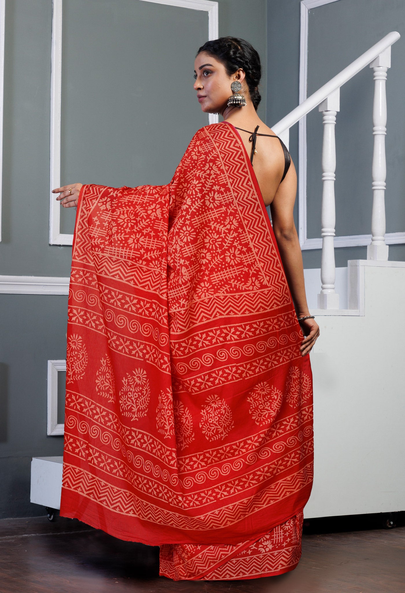 Red Pure Hand Block Printed Soft Cotton Saree-UNM79592