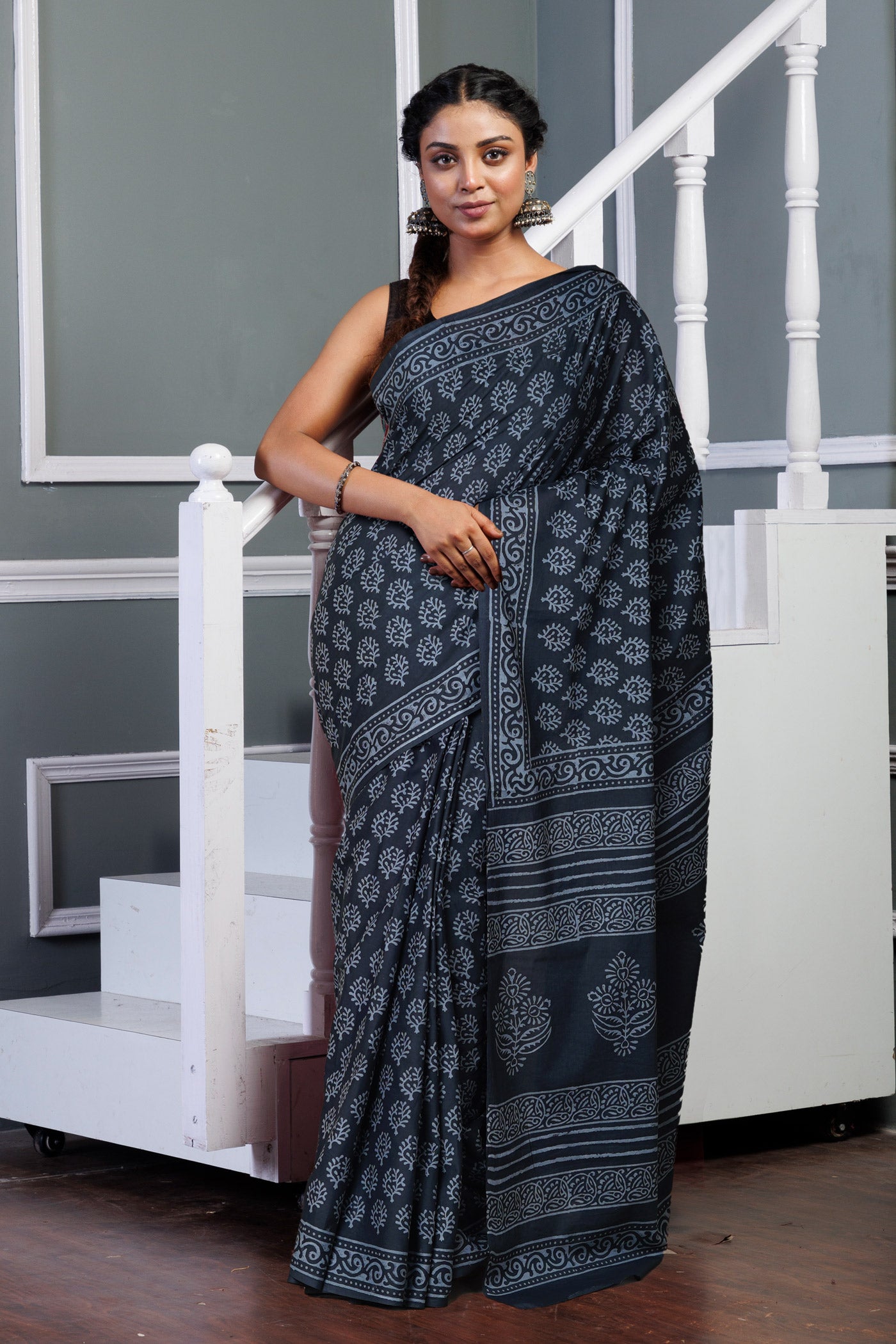 Dark Grey Pure Hand Block Printed Soft Cotton Saree-UNM79593