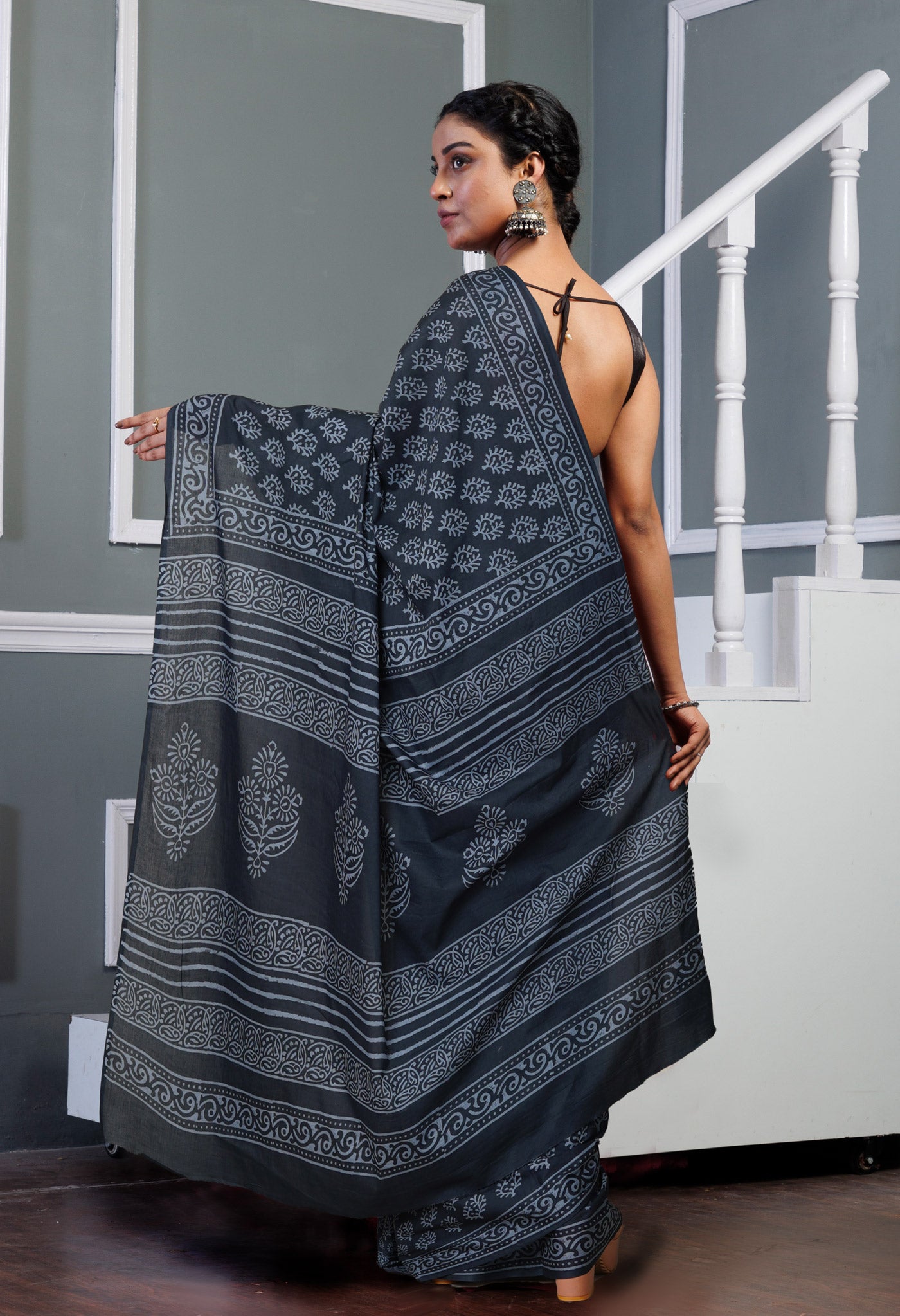 Dark Grey Pure Hand Block Printed Soft Cotton Saree-UNM79593