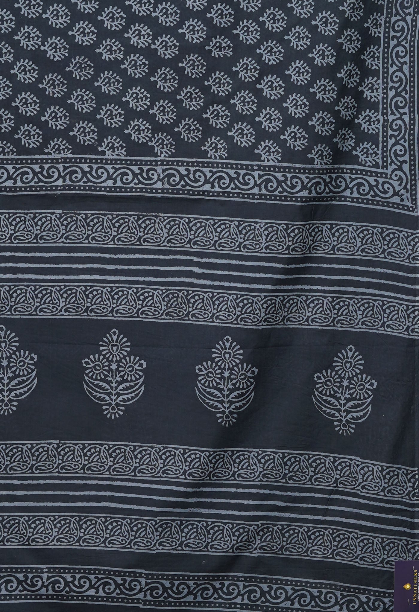 Dark Grey Pure Hand Block Printed Soft Cotton Saree-UNM79593