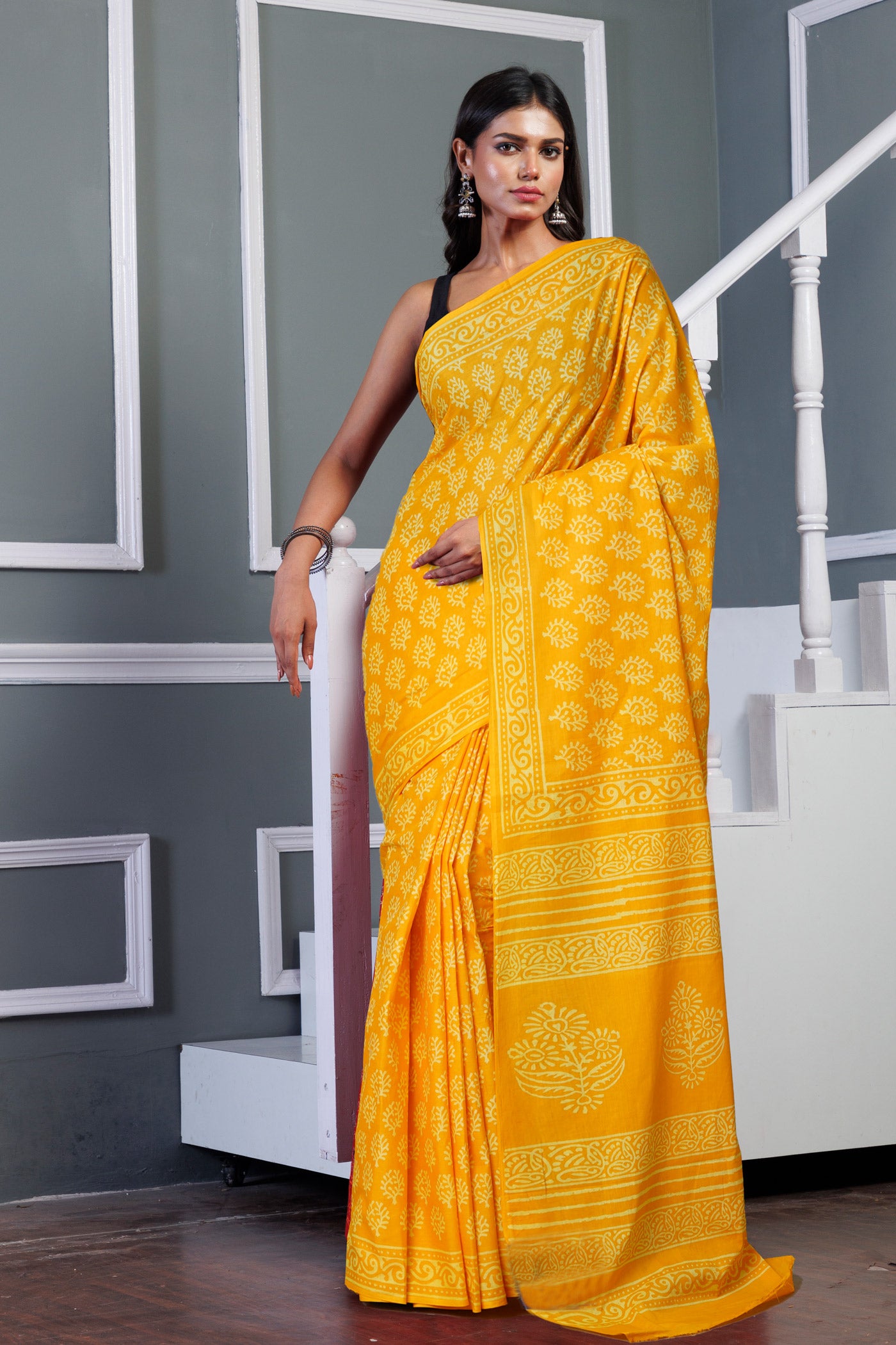 Yellow Pure Hand Block Printed Soft Cotton Saree-UNM79594