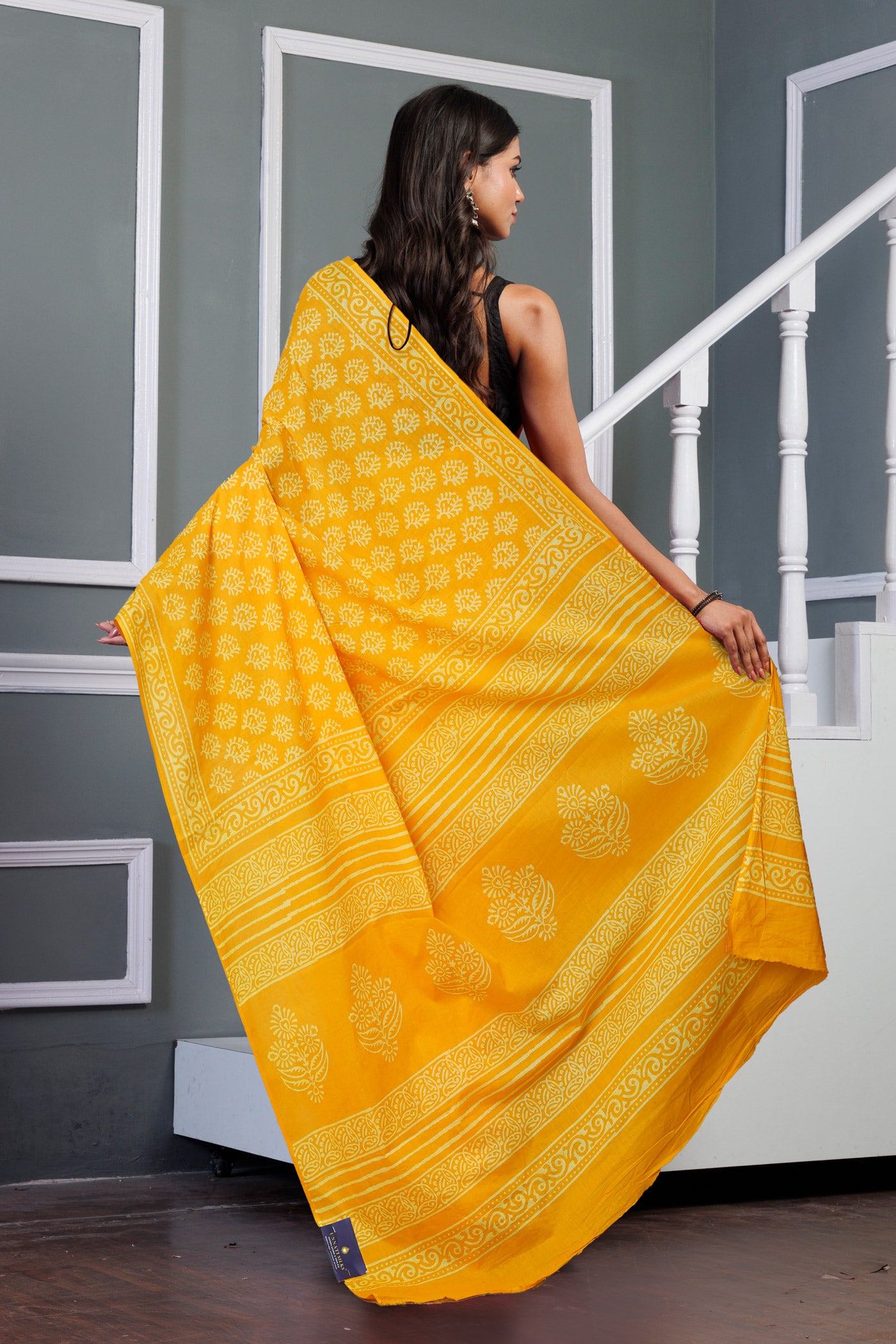 Yellow Pure Hand Block Printed Soft Cotton Saree-UNM79594