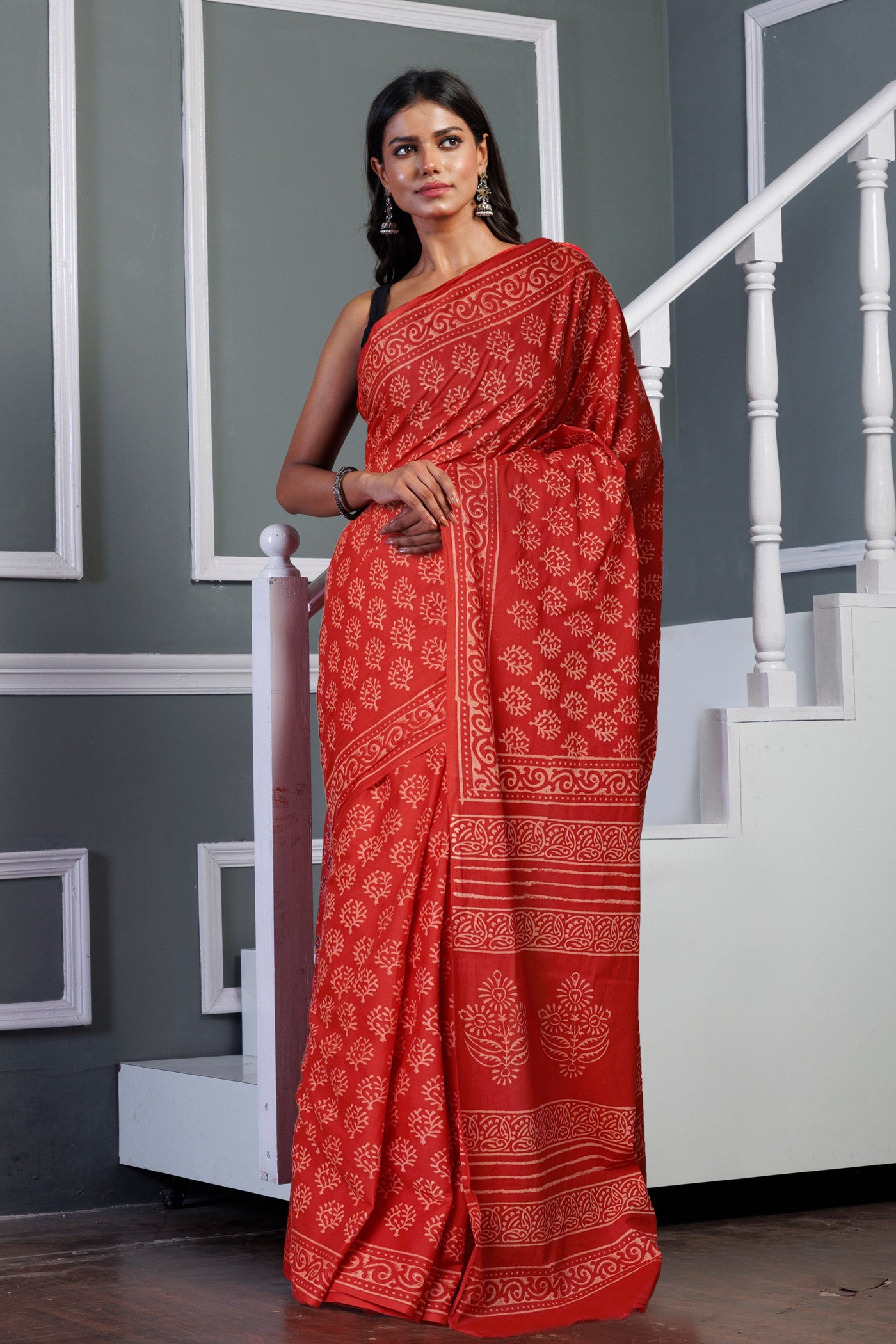 Red Pure Hand Block Printed Soft Cotton Saree-UNM79595