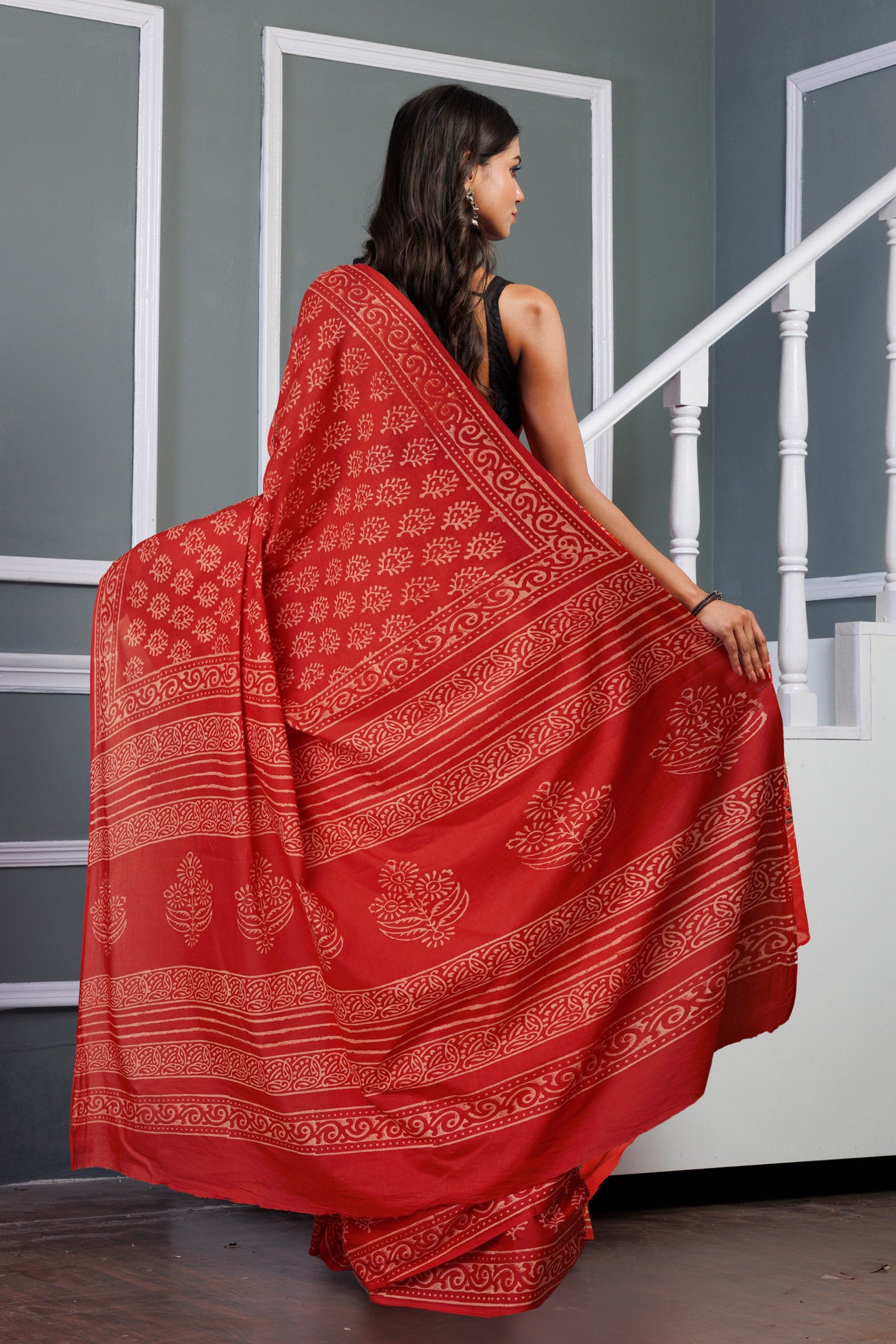 Red Pure Hand Block Printed Soft Cotton Saree-UNM79595