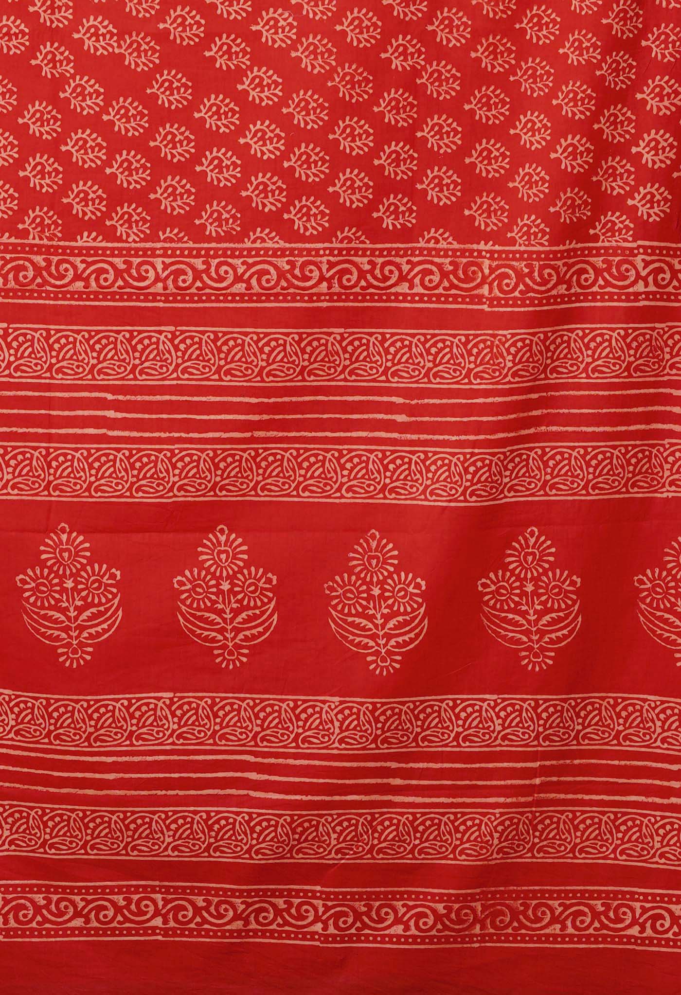 Red Pure Hand Block Printed Soft Cotton Saree-UNM79595