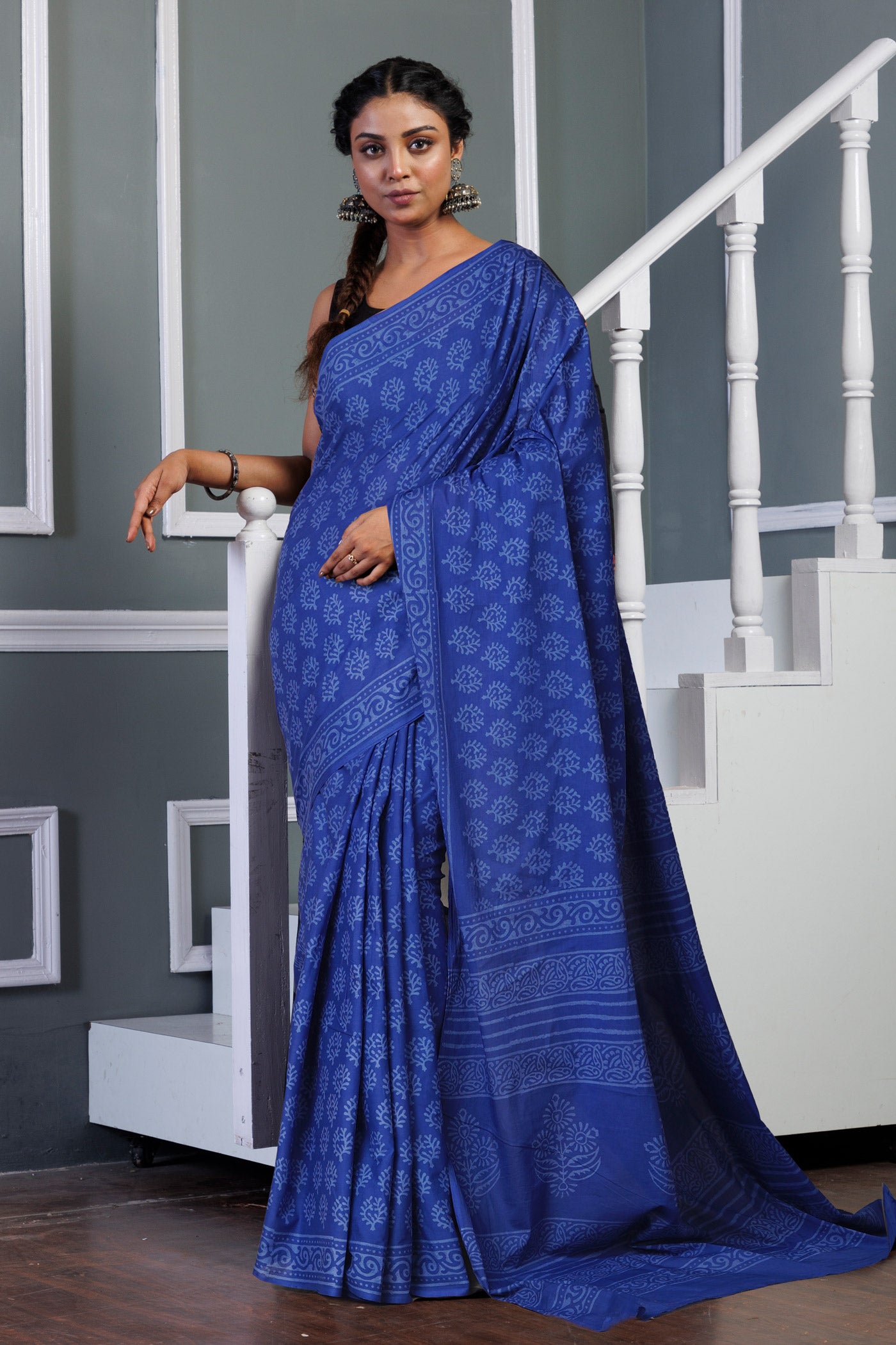 Navy Blue Pure Hand Block Printed Soft Cotton Saree-UNM79596