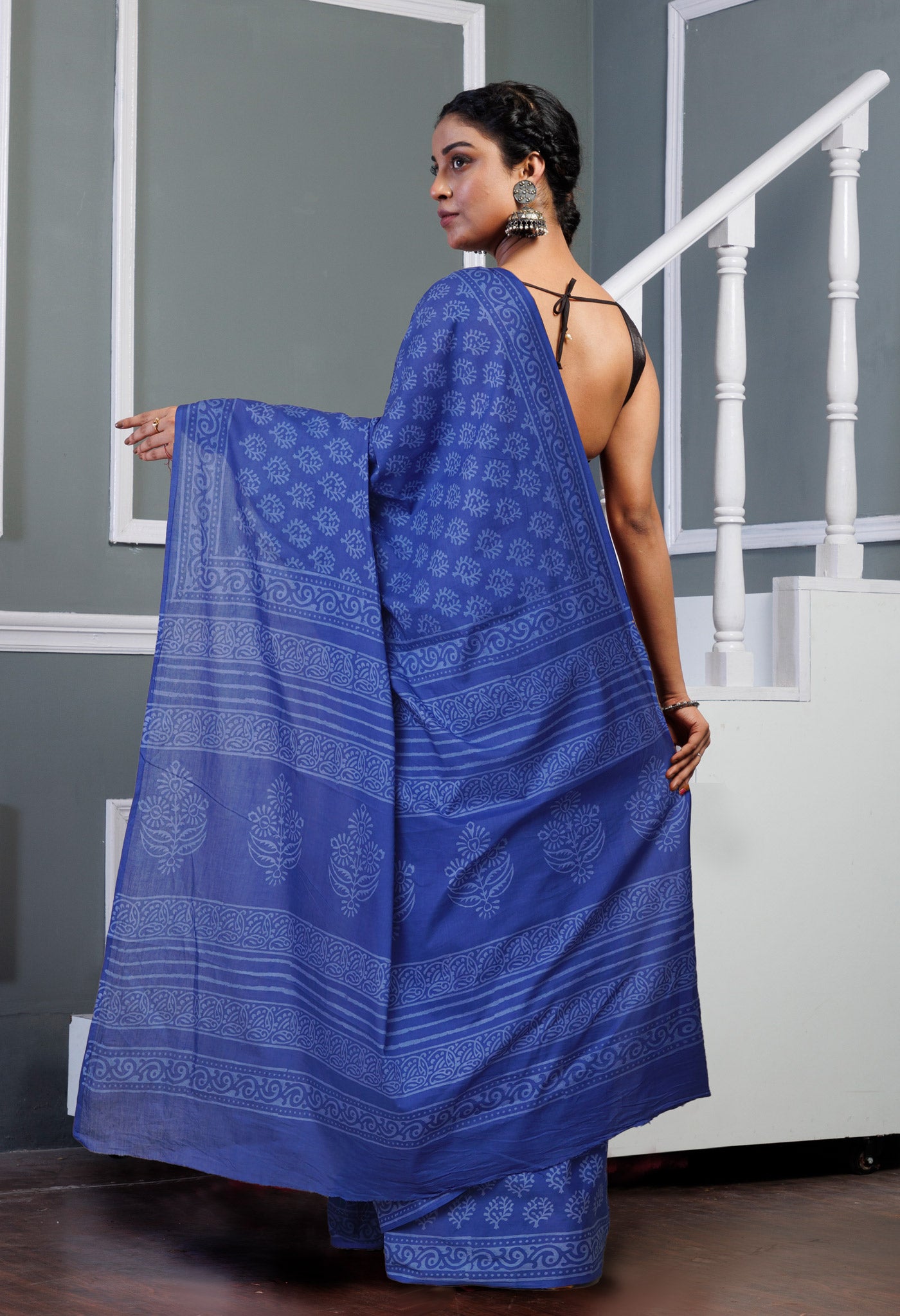 Navy Blue Pure Hand Block Printed Soft Cotton Saree-UNM79596