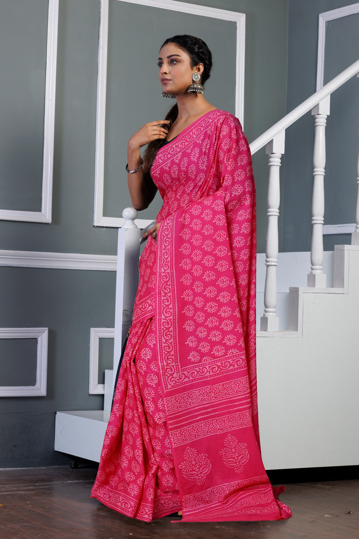 Pink Pure Hand Block Printed Soft Cotton Saree-UNM79597