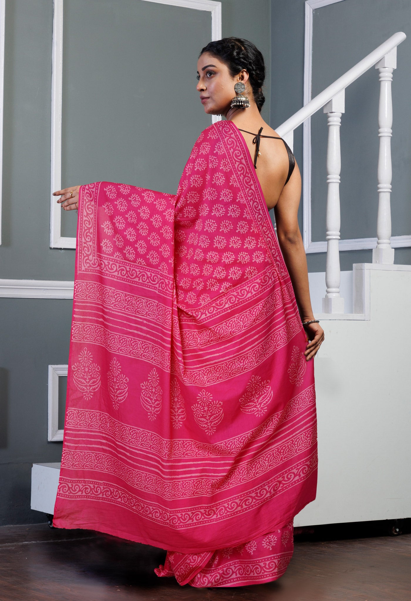 Pink Pure Hand Block Printed Soft Cotton Saree-UNM79597