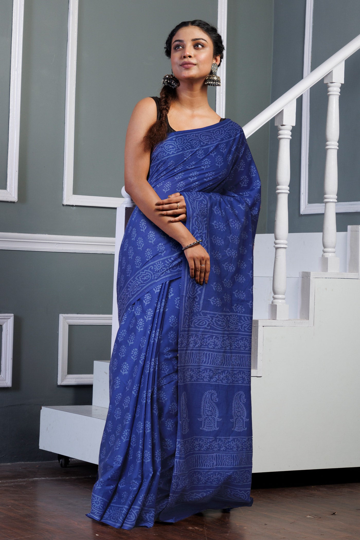 Navy Blue Pure Hand Block Printed Soft Cotton Saree-UNM79598