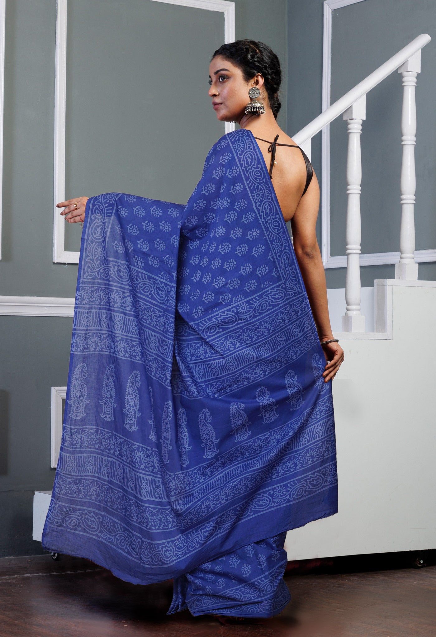 Navy Blue Pure Hand Block Printed Soft Cotton Saree-UNM79598