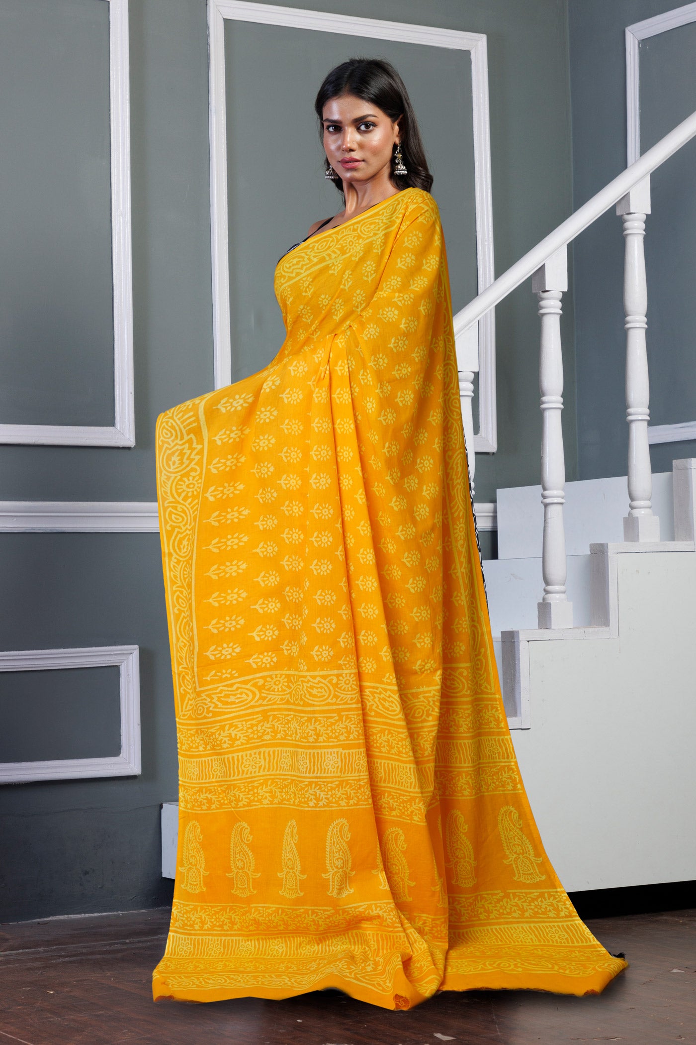 Yellow Pure Hand Block Printed Soft Cotton Saree-UNM79599