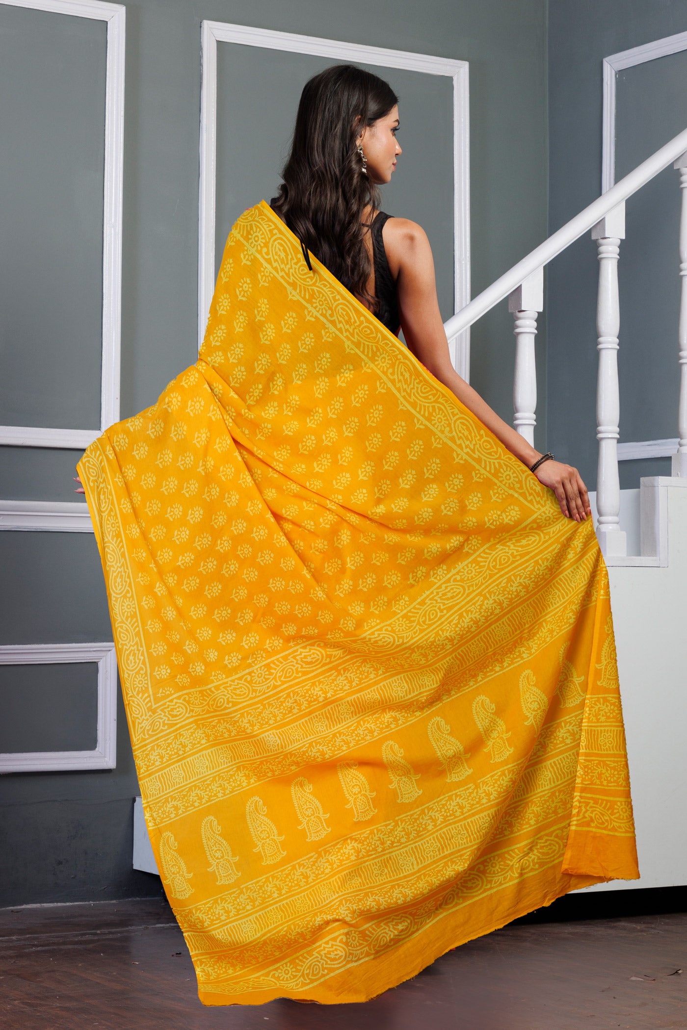 Yellow Pure Hand Block Printed Soft Cotton Saree-UNM79599