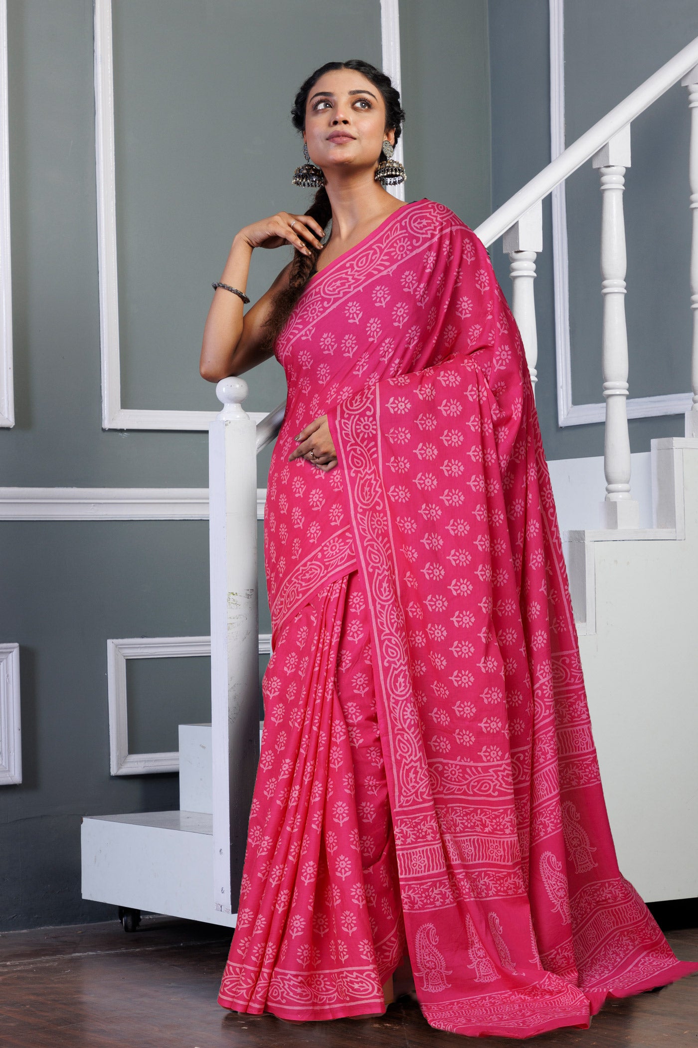 Pink Pure Hand Block Printed Soft Cotton Saree-UNM79600