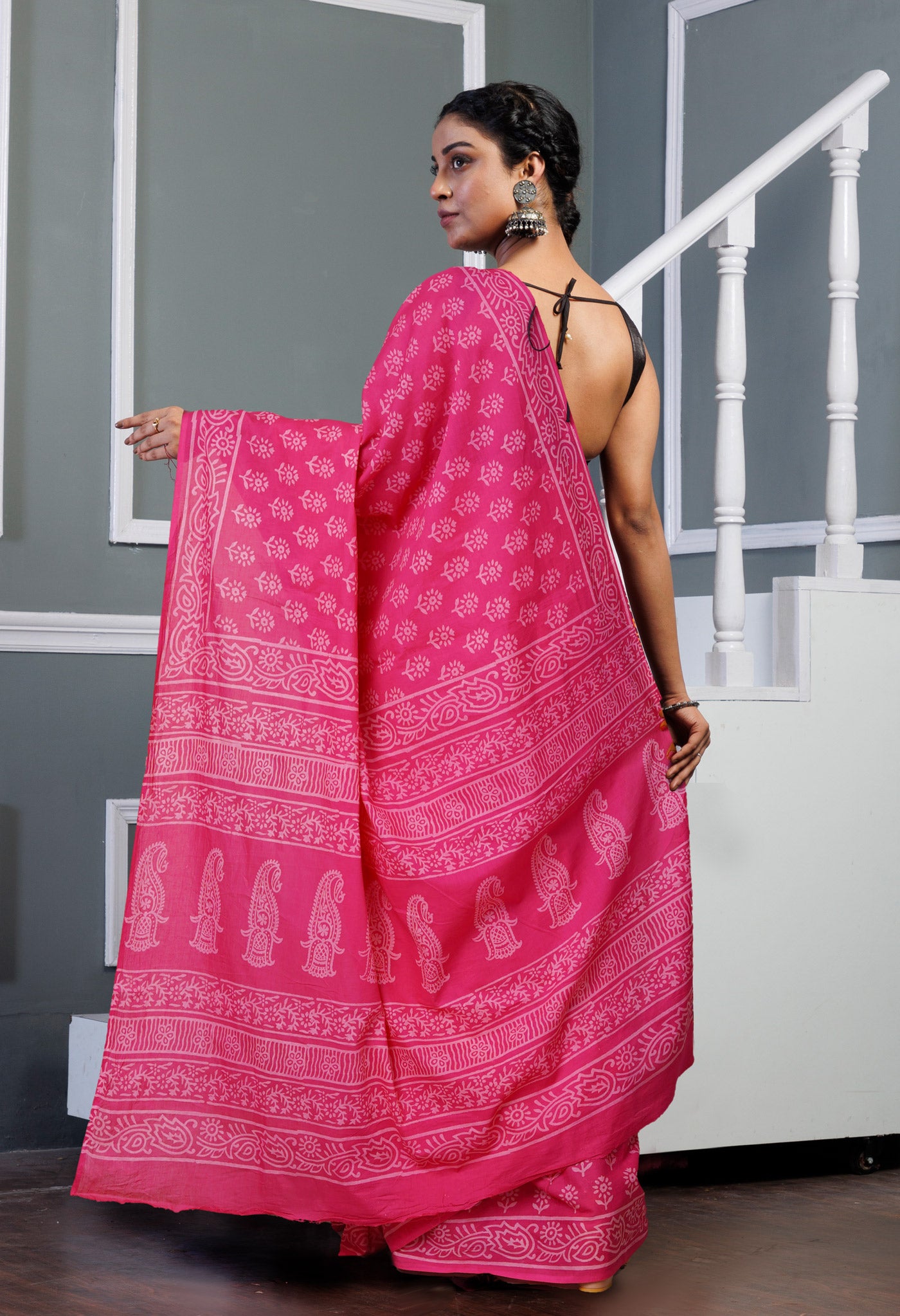 Pink Pure Hand Block Printed Soft Cotton Saree-UNM79600