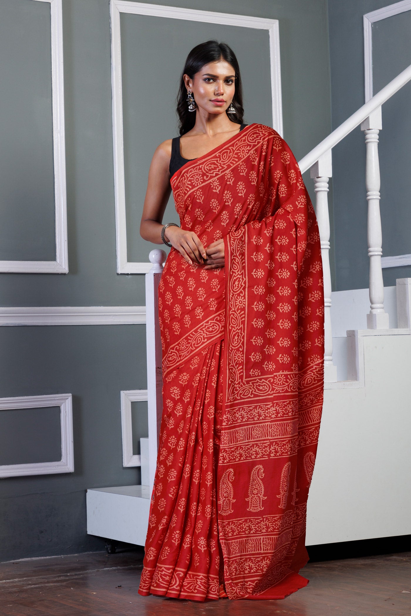 Red Pure Hand Block Printed Soft Cotton Saree-UNM79601