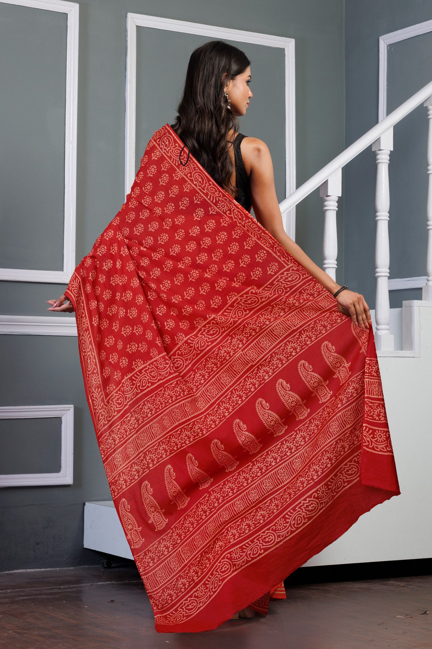 Red Pure Hand Block Printed Soft Cotton Saree-UNM79601