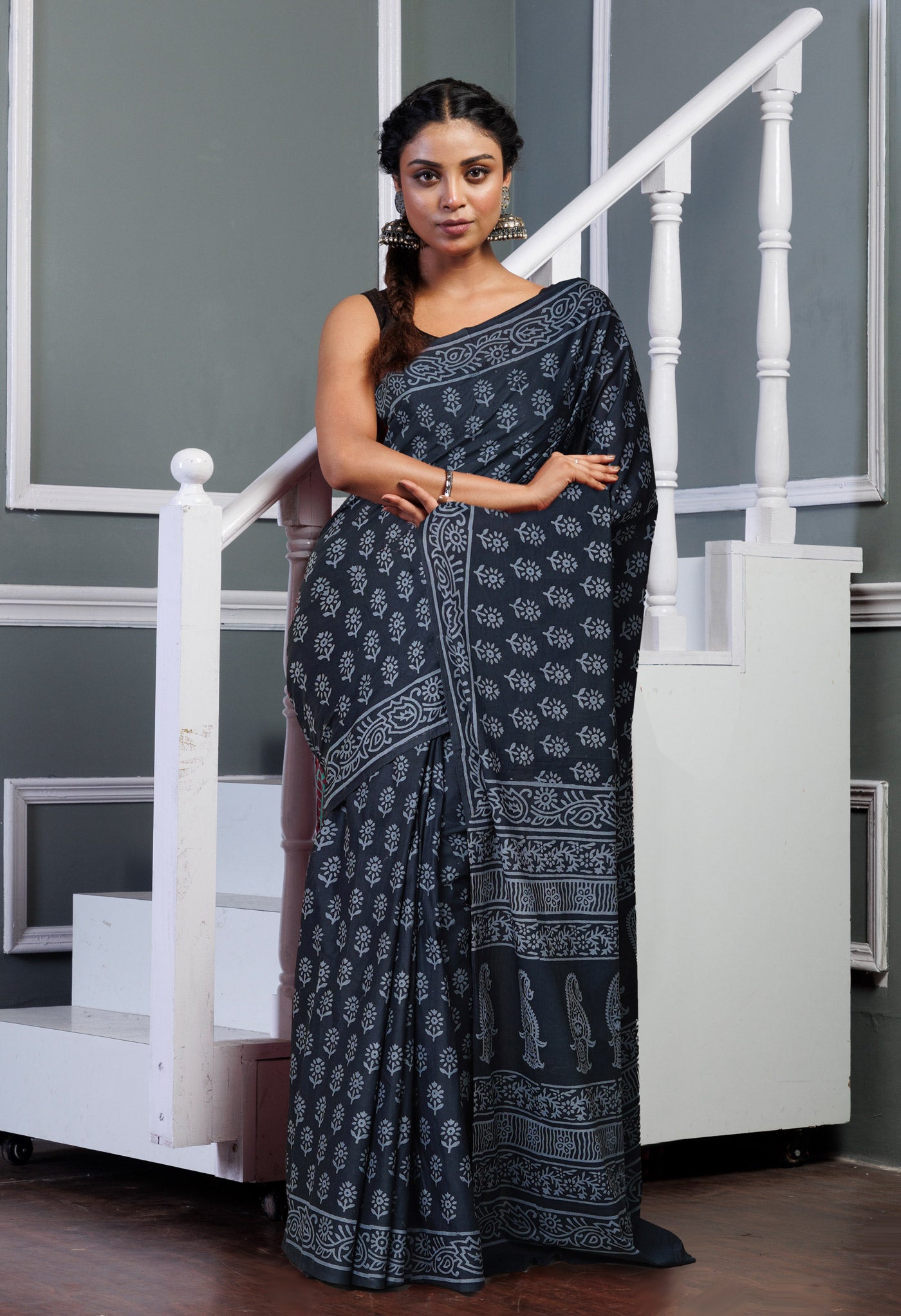 Dark Grey Pure Hand Block Printed Soft Cotton Saree-UNM79602