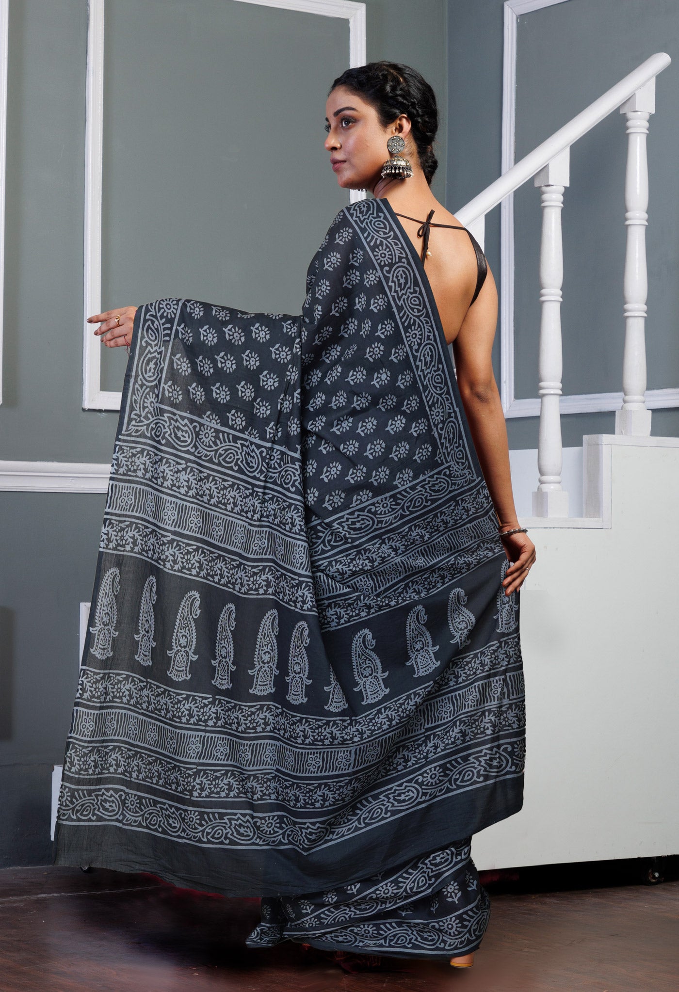 Dark Grey Pure Hand Block Printed Soft Cotton Saree-UNM79602