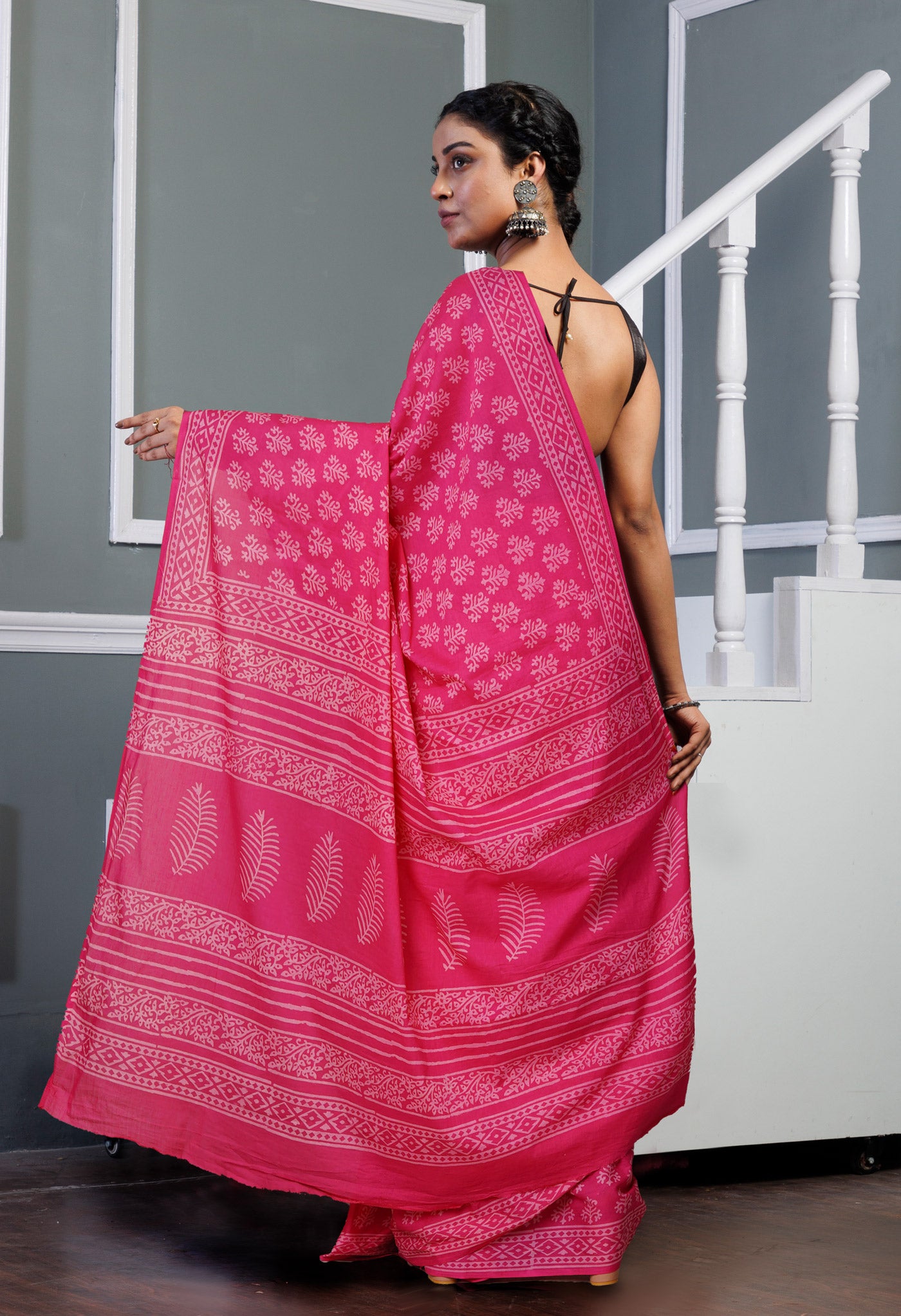 Pink Pure Hand Block Printed Soft Cotton Saree-UNM79603