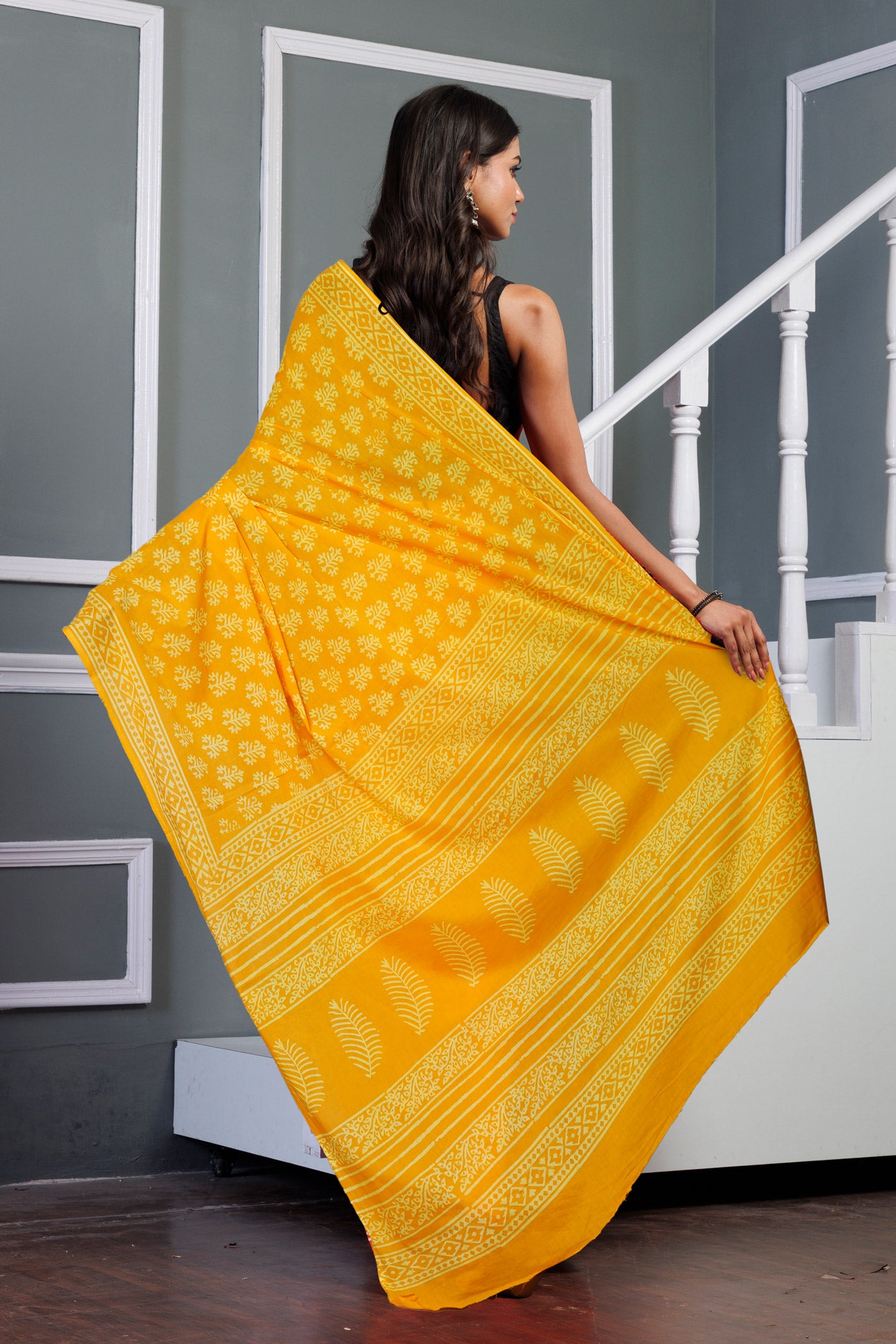 Yellow Pure Hand Block Printed Soft Cotton Saree-UNM79604