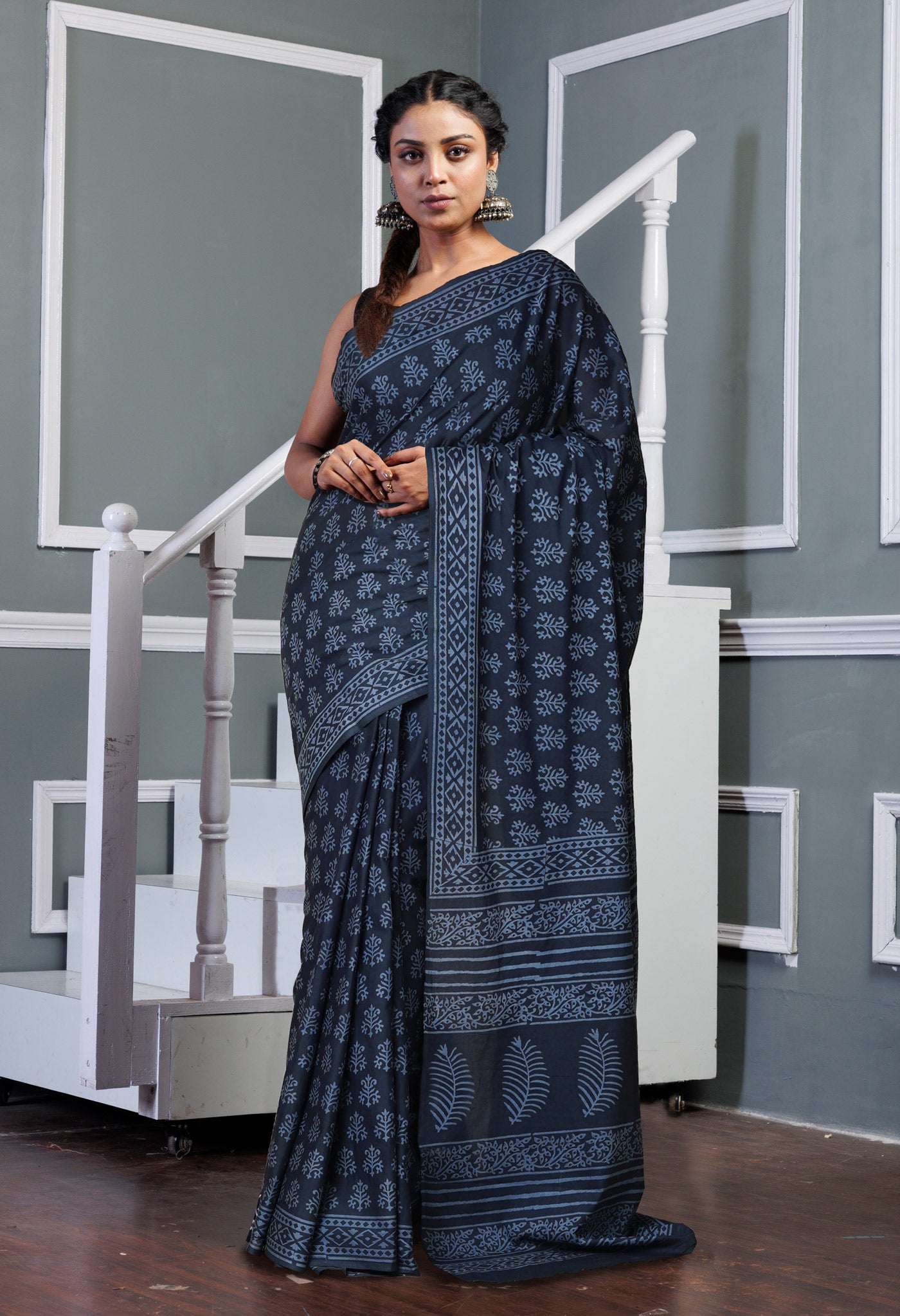 Dark Grey Pure Hand Block Printed Soft Cotton Saree-UNM79605