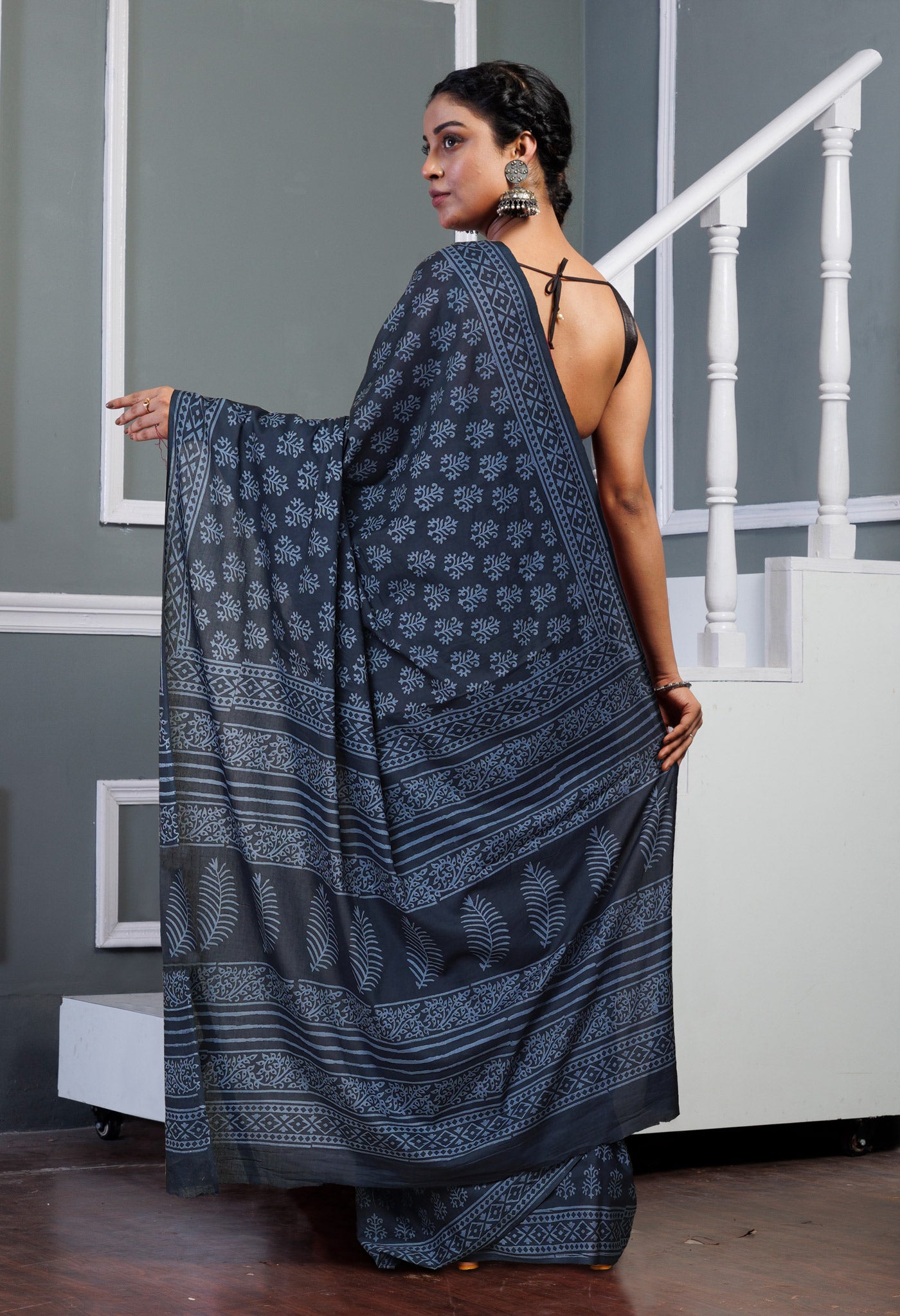 Dark Grey Pure Hand Block Printed Soft Cotton Saree-UNM79605