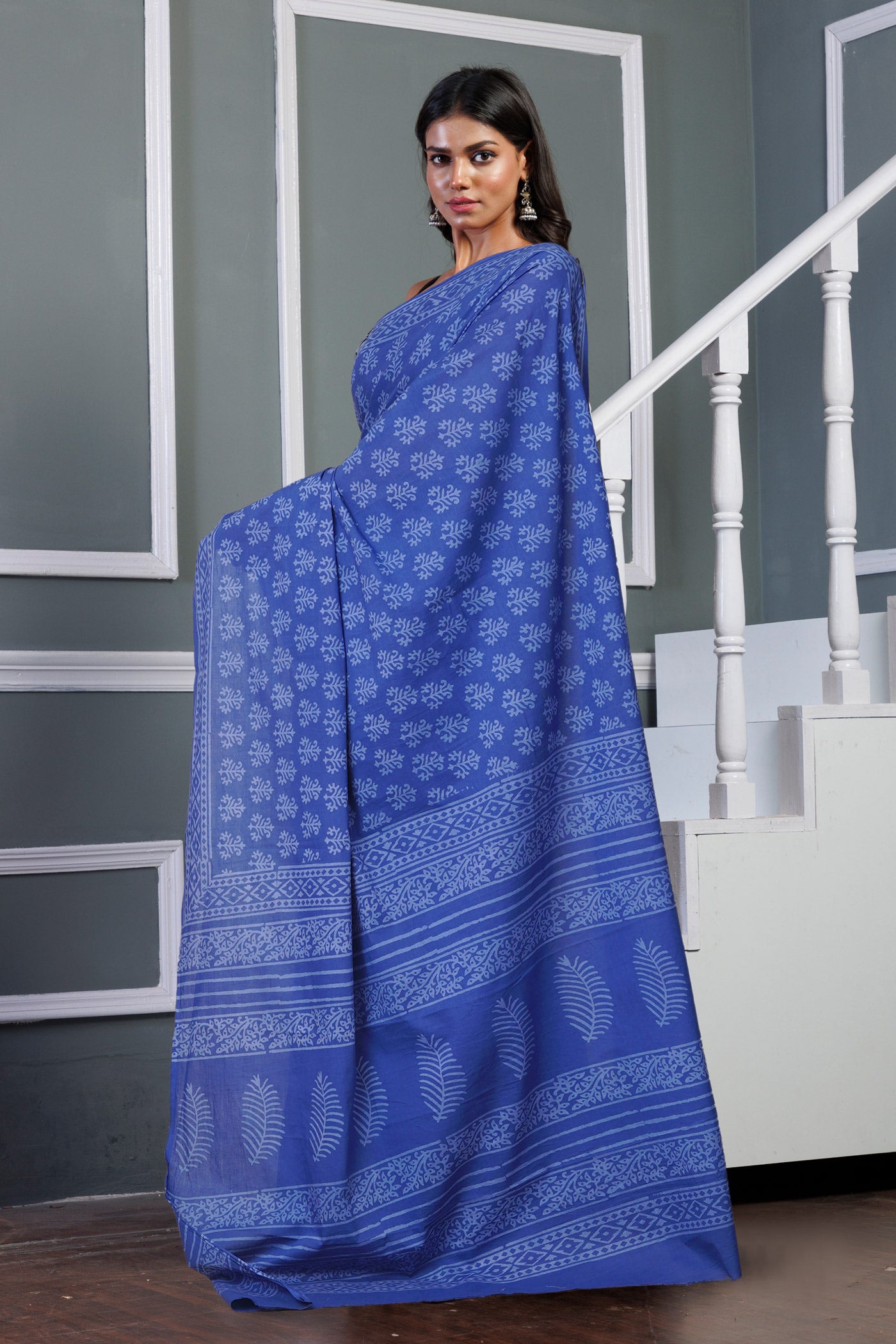 Navy Blue Pure Hand Block Printed Soft Cotton Saree-UNM79606