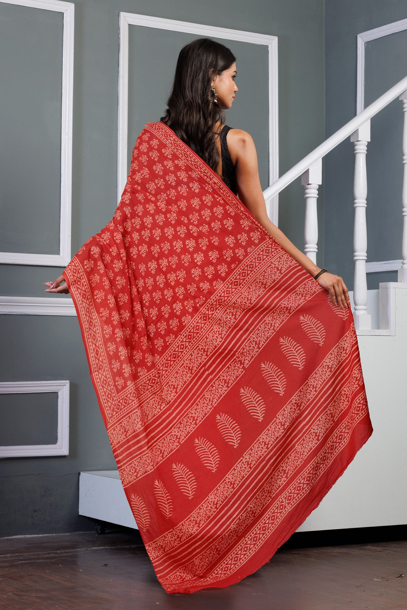 Red Pure Hand Block Printed Soft Cotton Saree-UNM79607