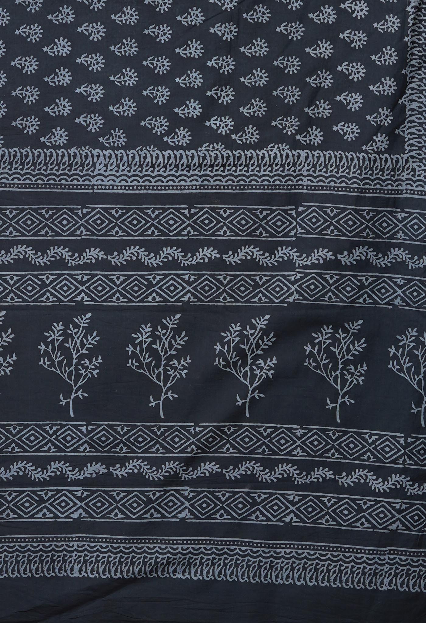 Dark Grey Pure Hand Block Printed Soft Cotton Saree-UNM79608