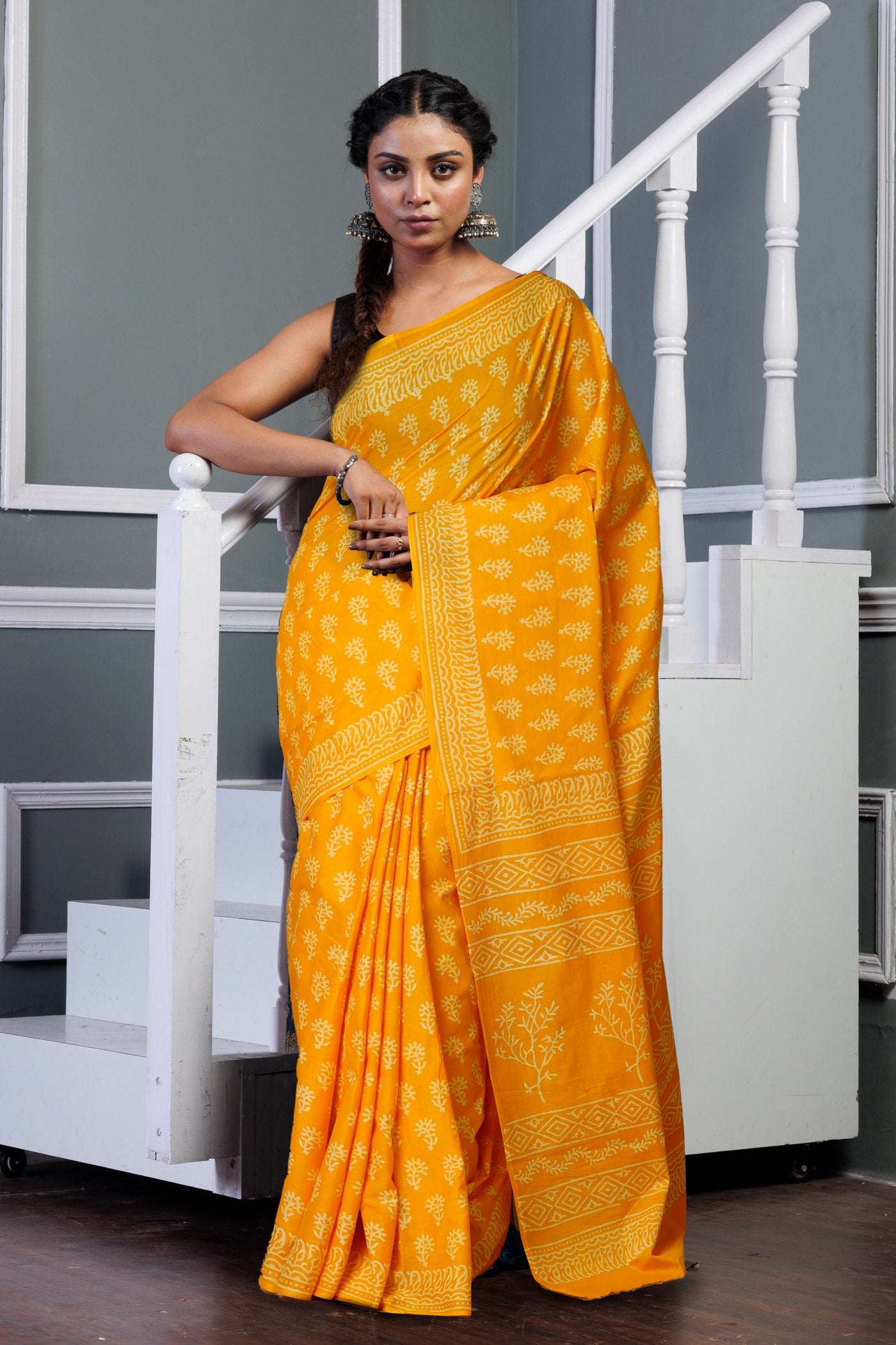 Yellow Pure Hand Block Printed Soft Cotton Saree-UNM79609