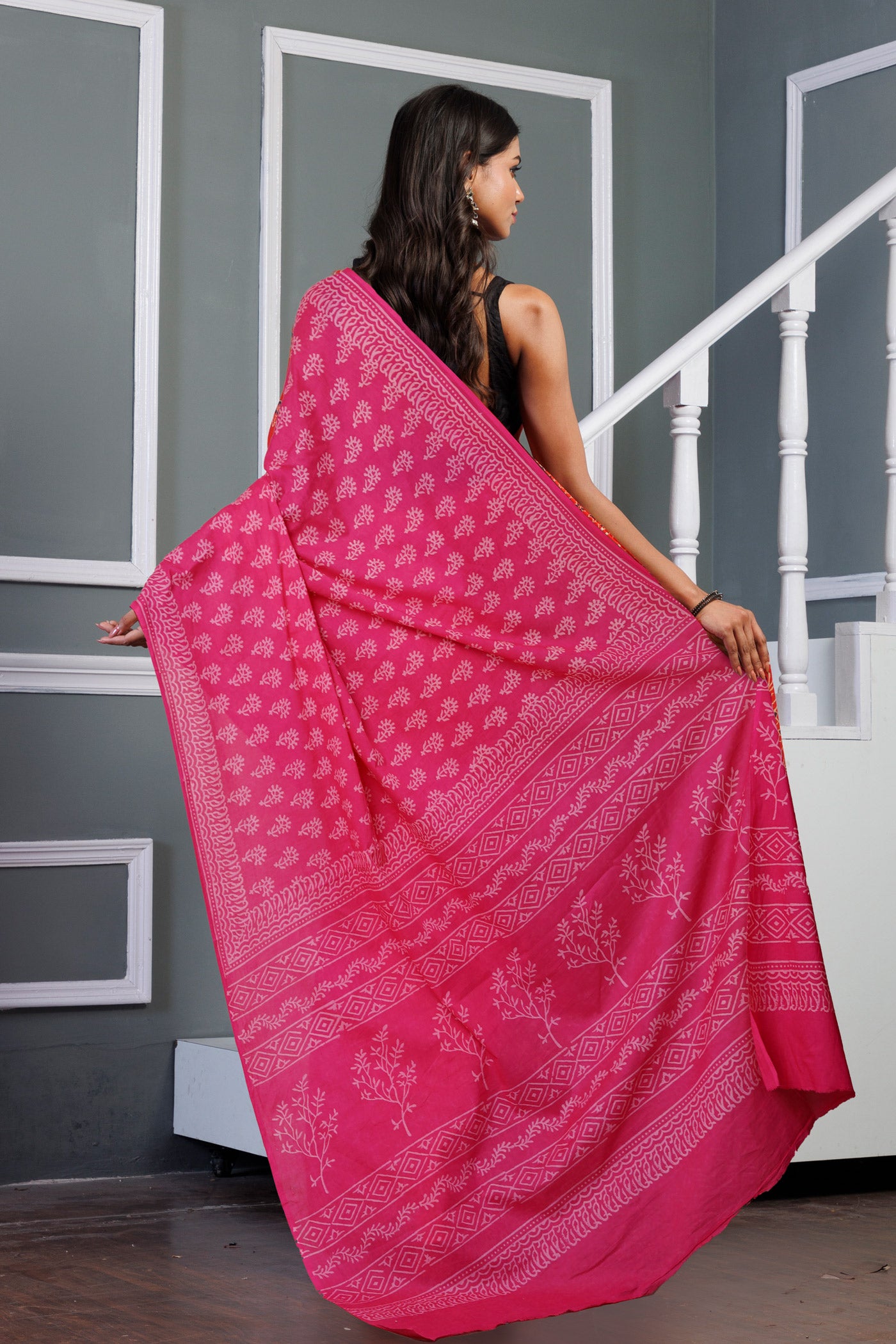 Pink Pure Hand Block Printed Soft Cotton Saree-UNM79610