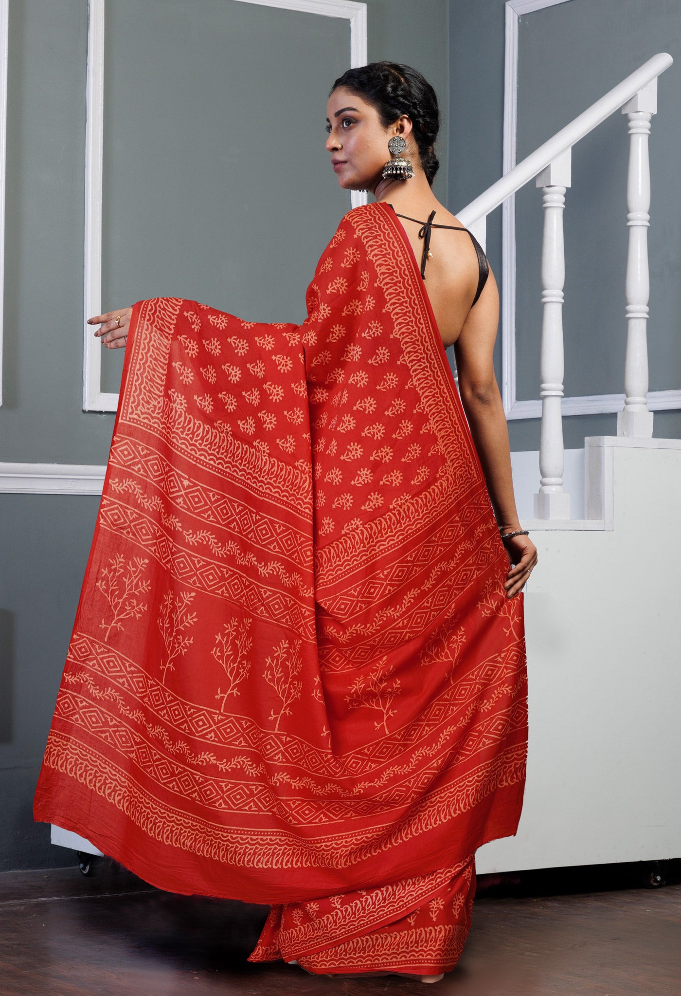 Red Pure Hand Block Printed Soft Cotton Saree-UNM79611