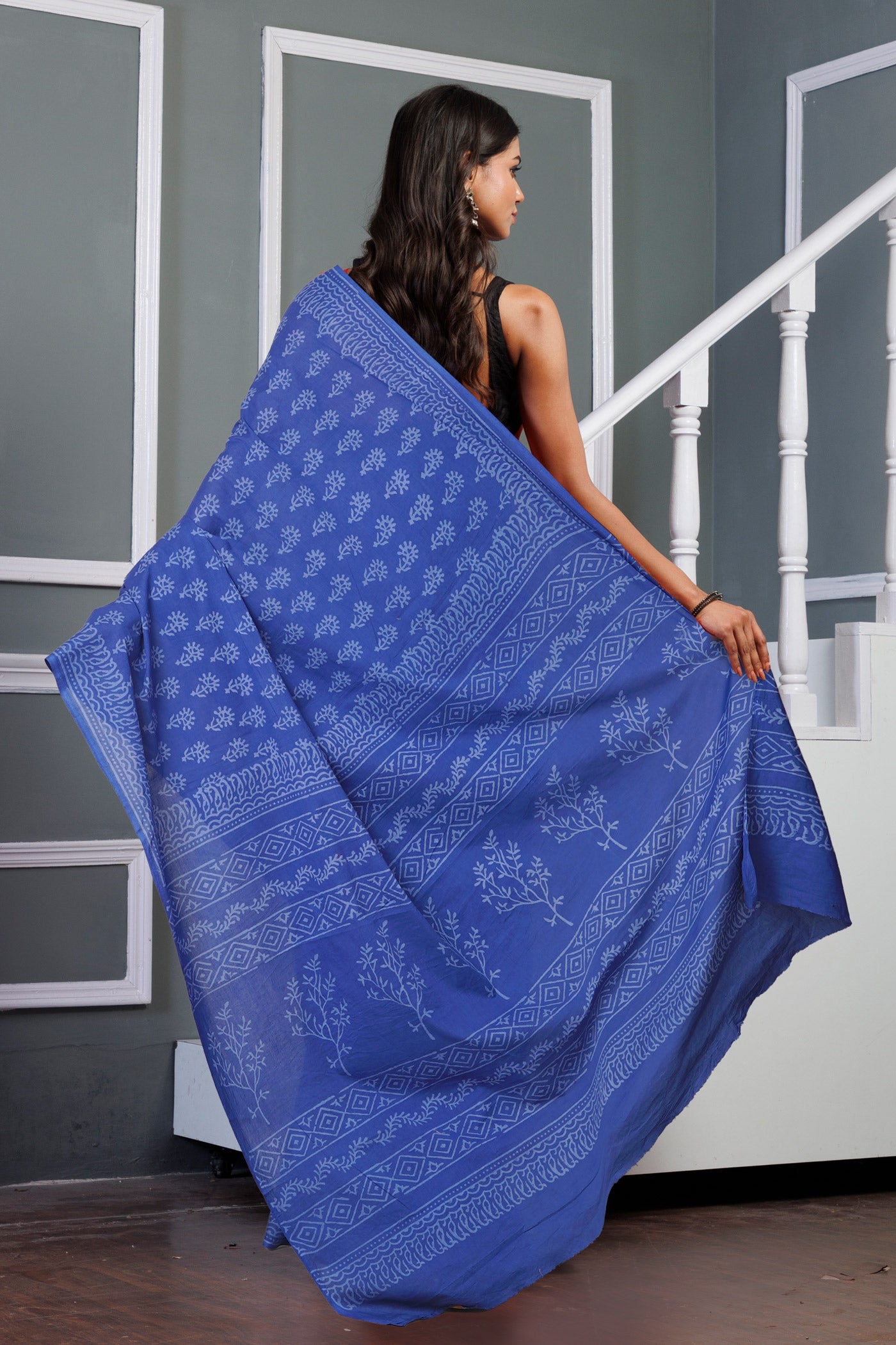 Navy Blue Pure Hand Block Printed Soft Cotton Saree-UNM79612