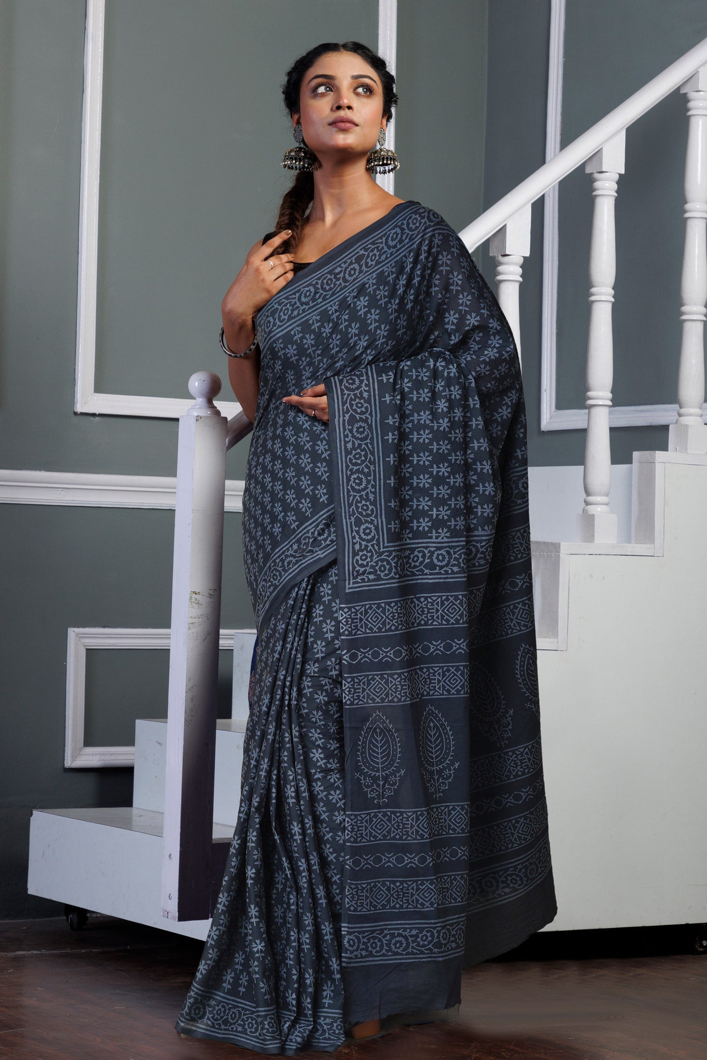 Dark Grey Pure Hand Block Printed Soft Cotton Saree-UNM79613