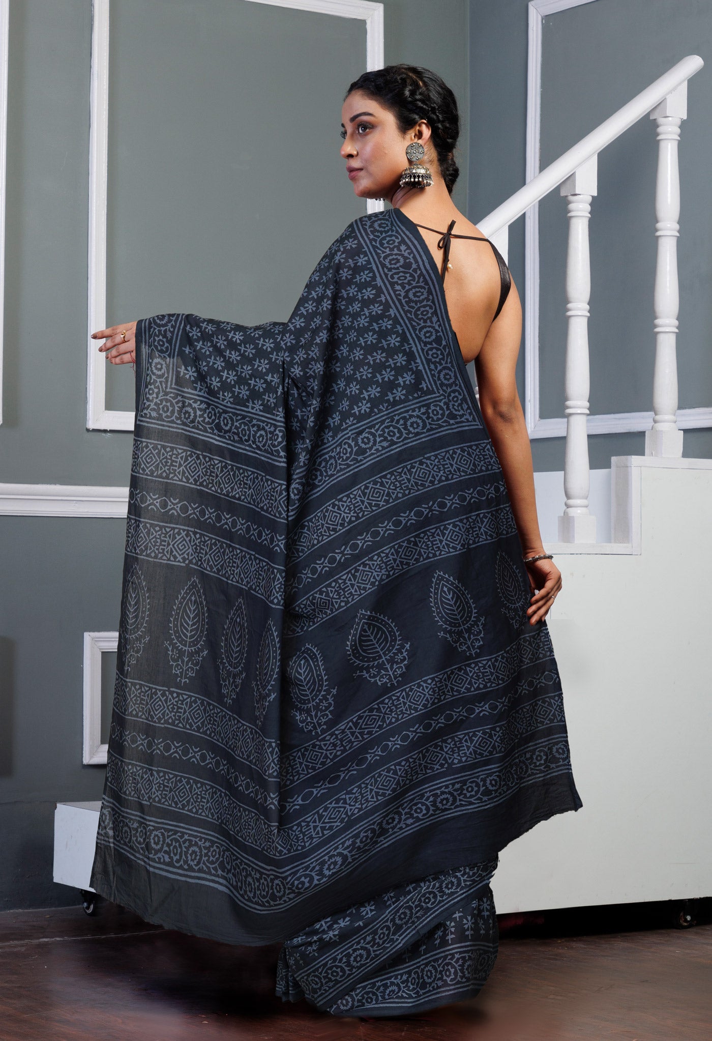 Dark Grey Pure Hand Block Printed Soft Cotton Saree-UNM79613