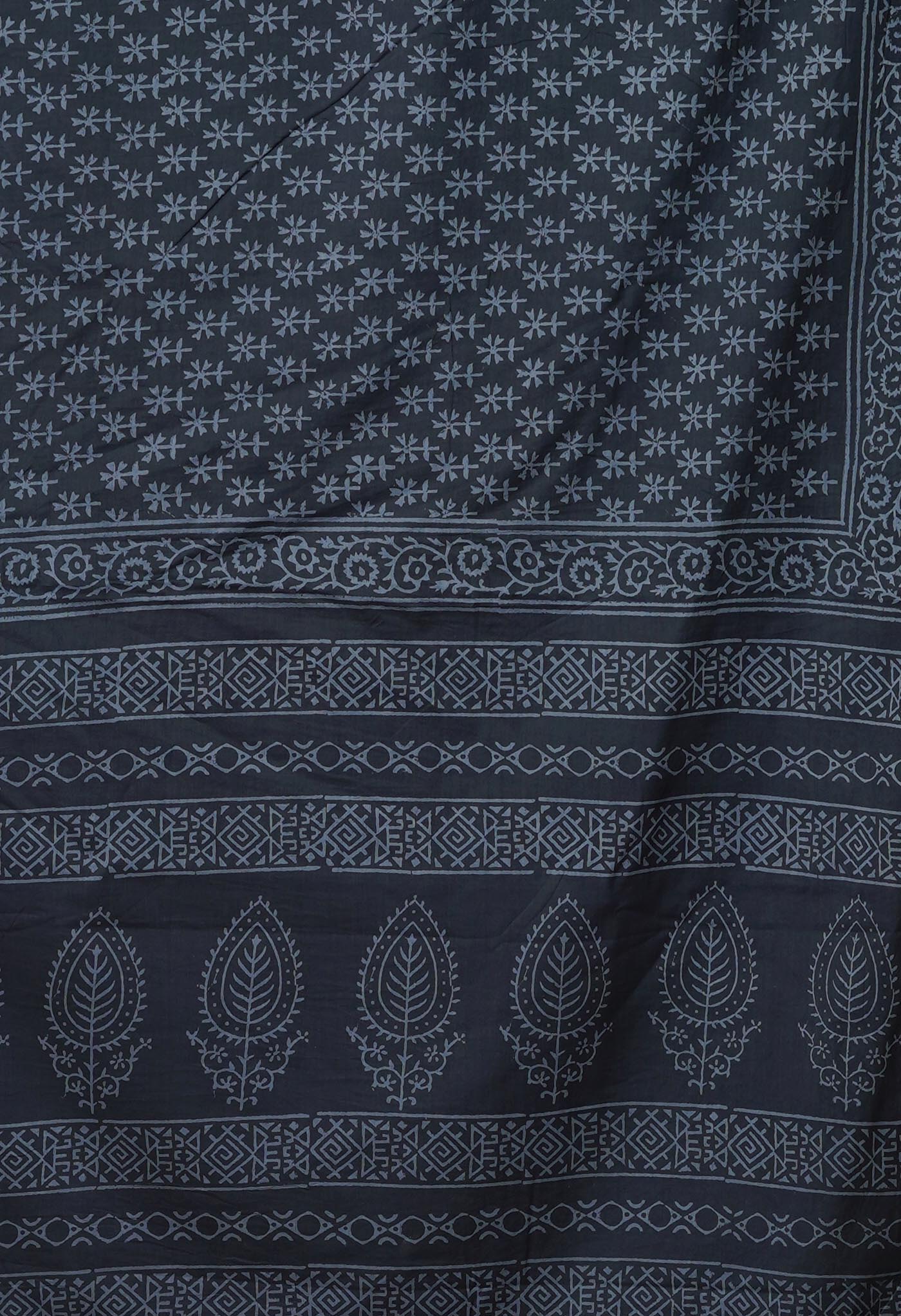 Dark Grey Pure Hand Block Printed Soft Cotton Saree-UNM79613