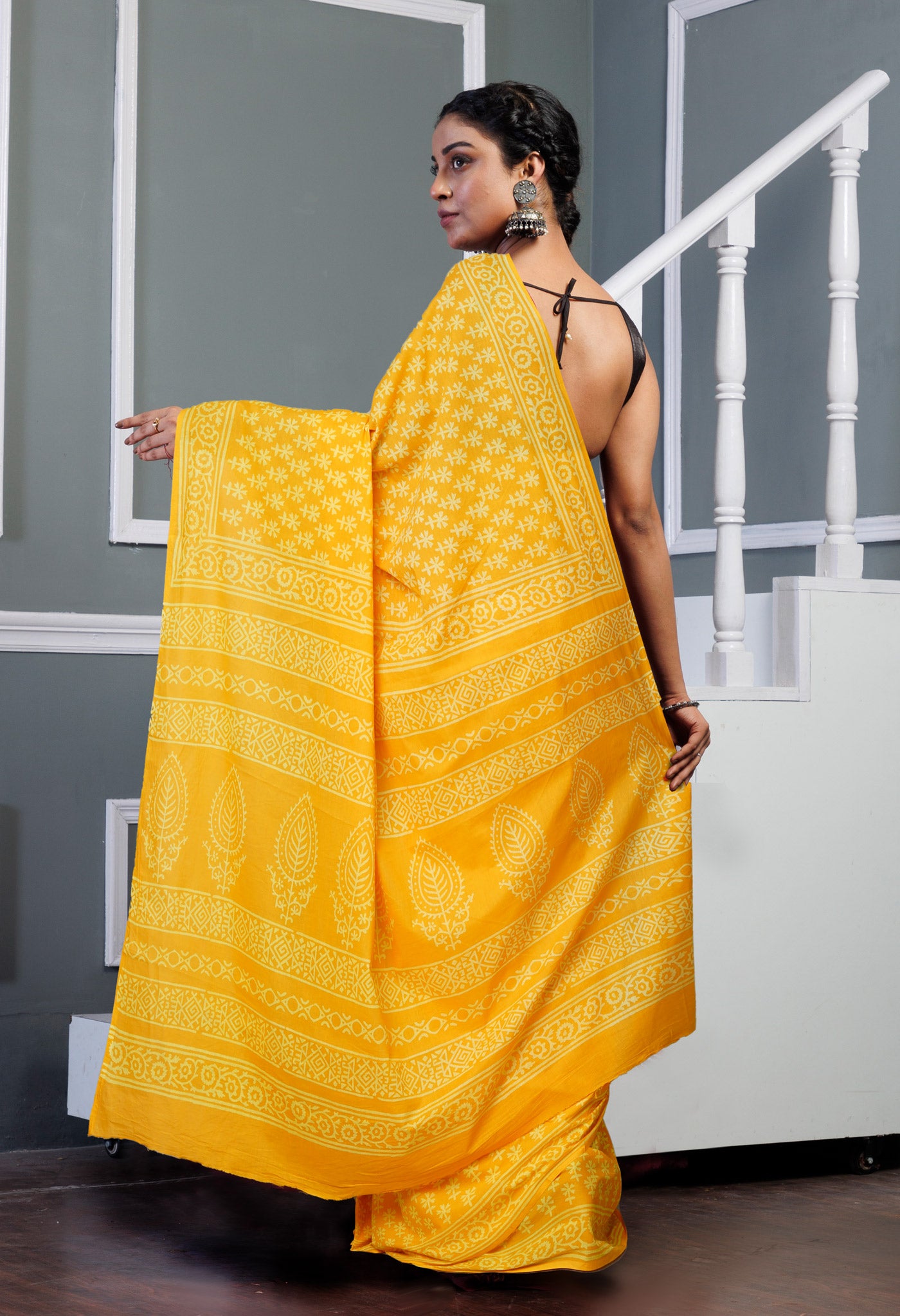 Yellow Pure Hand Block Printed Soft Cotton Saree-UNM79614