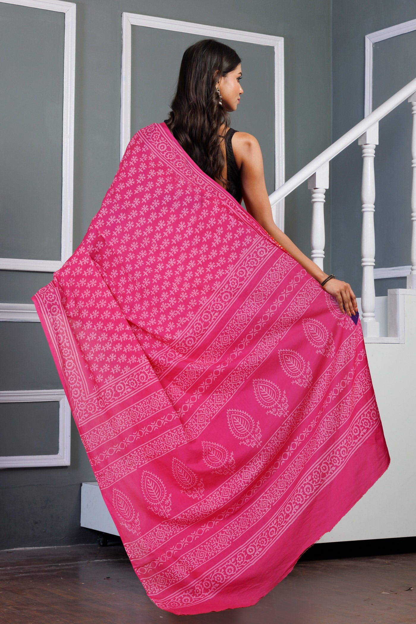 Pink Pure Hand Block Printed Soft Cotton Saree-UNM79617