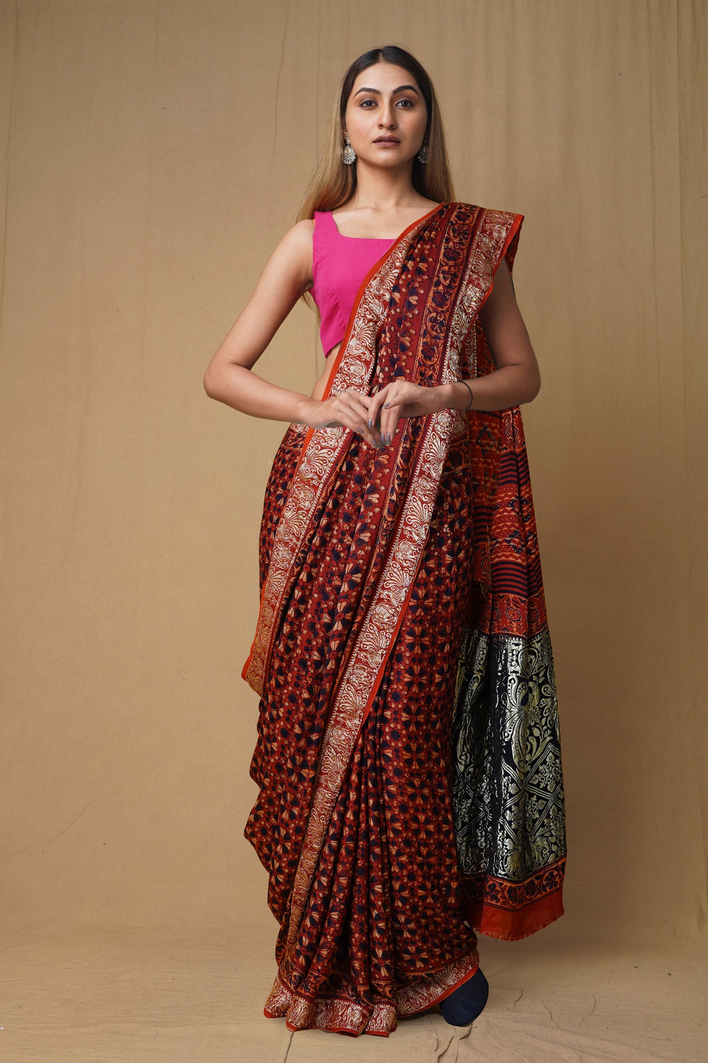 Red Pure Ajrakh Printed Gaji Soft Silk Saree-UNM79619