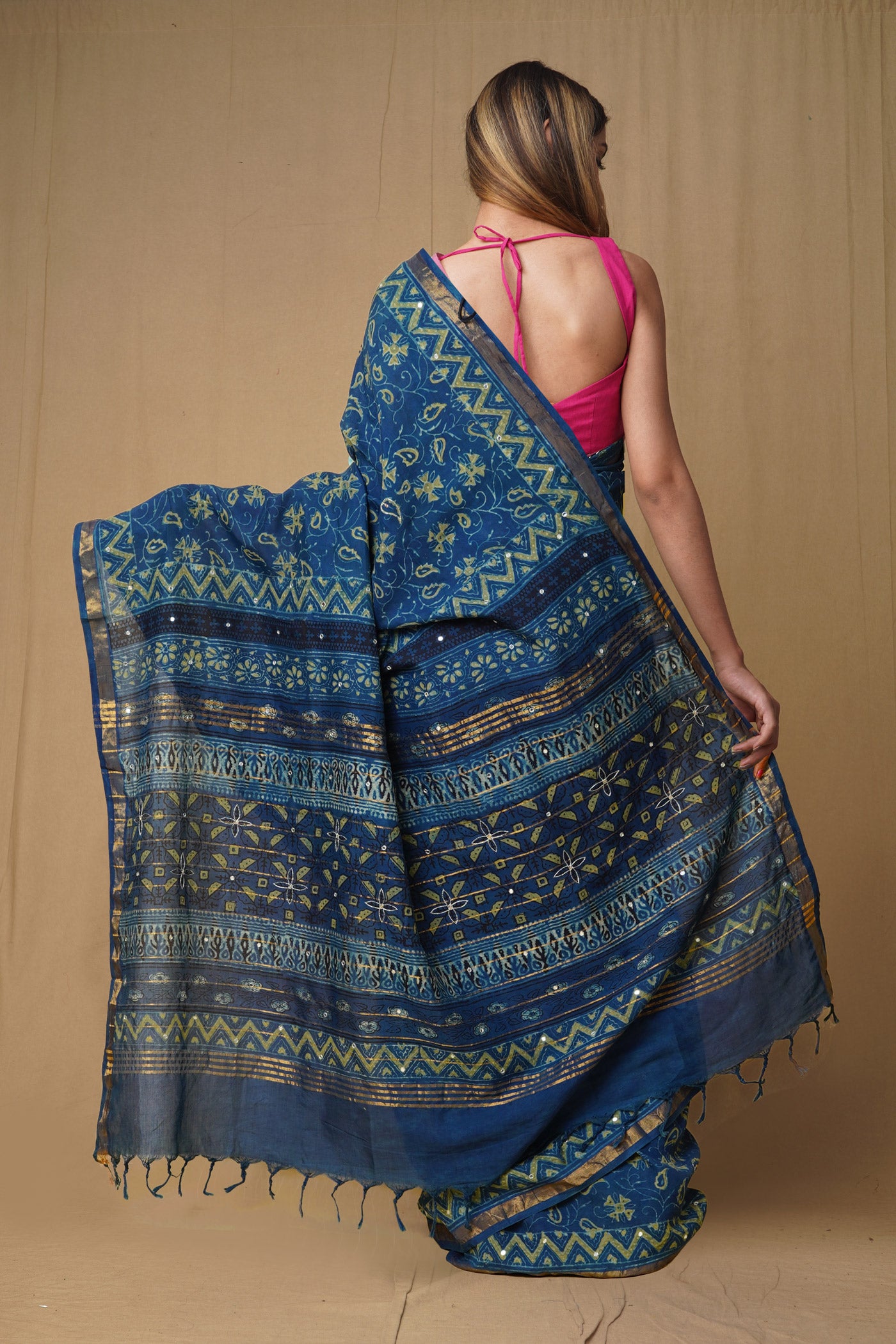 Blue Pure Ajrakh Printed Soft Silk Saree-UNM79649