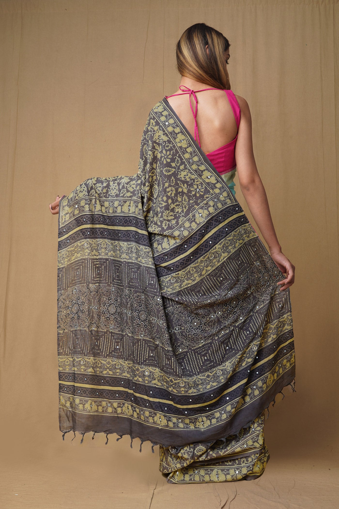 Dark Grey Pure Ajrakh Printed Soft Silk Saree-UNM79659