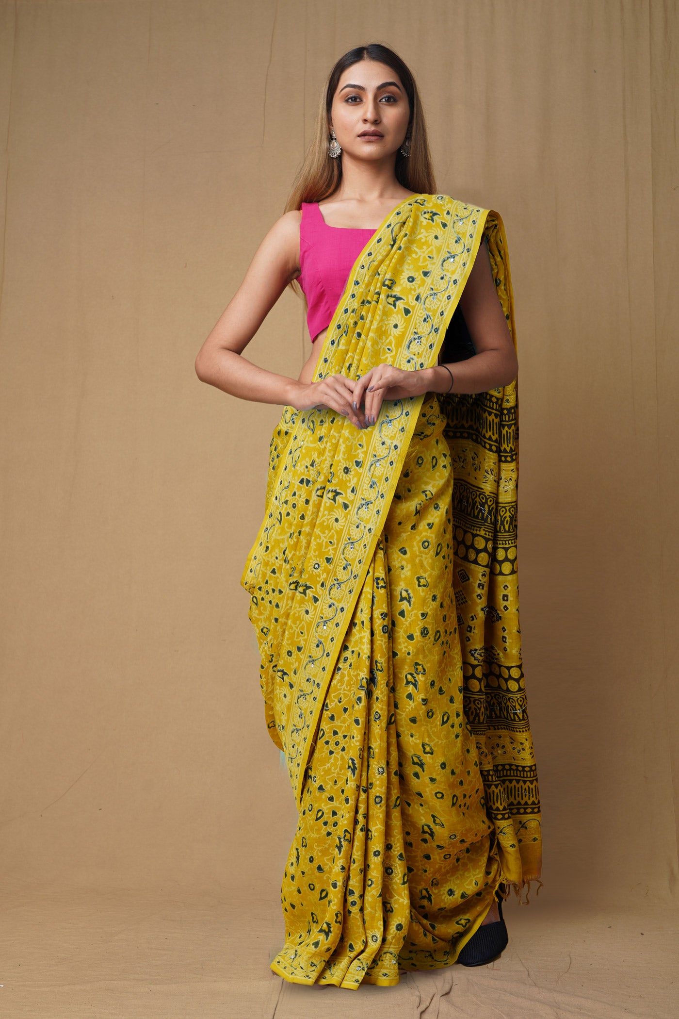 Yellow Pure Ajrakh Printed Soft Silk Saree-UNM79664