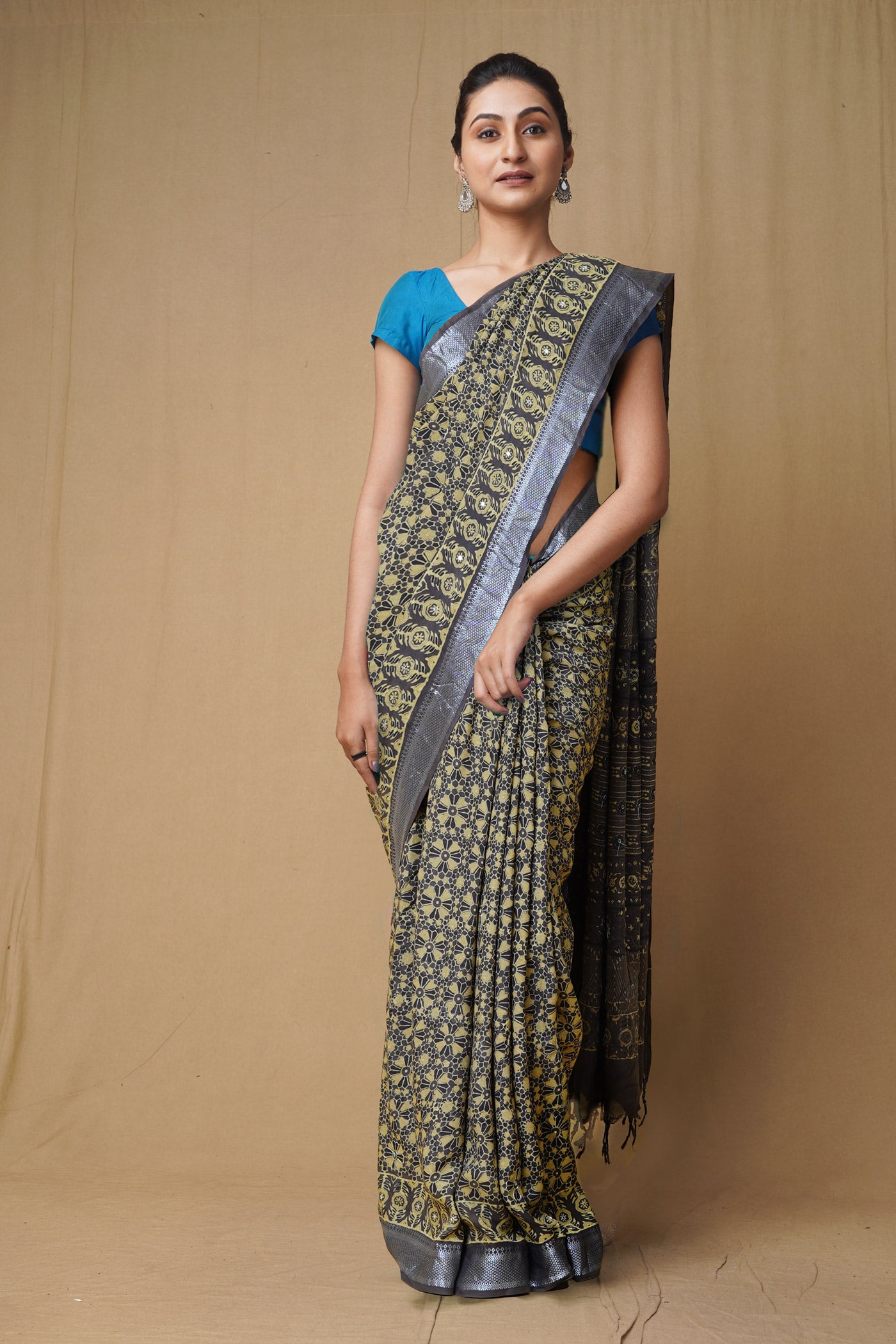 Dark Grey Pure Ajrakh Printed Soft Silk Saree-UNM79668