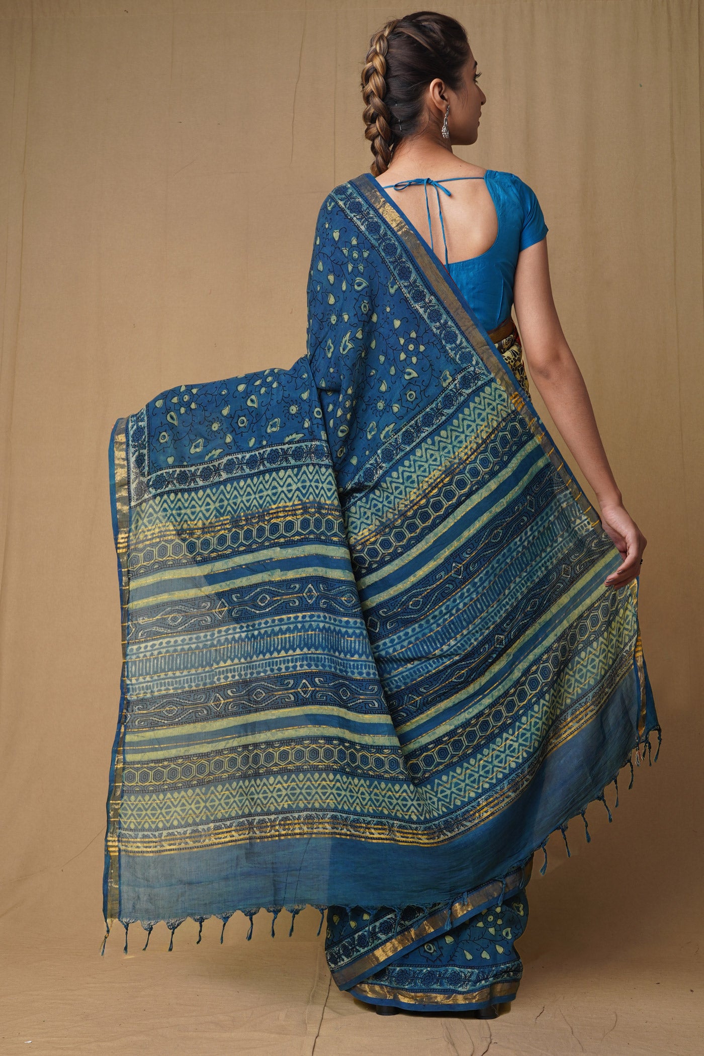 Blue Pure Ajrakh Printed Soft Silk Saree-UNM79669