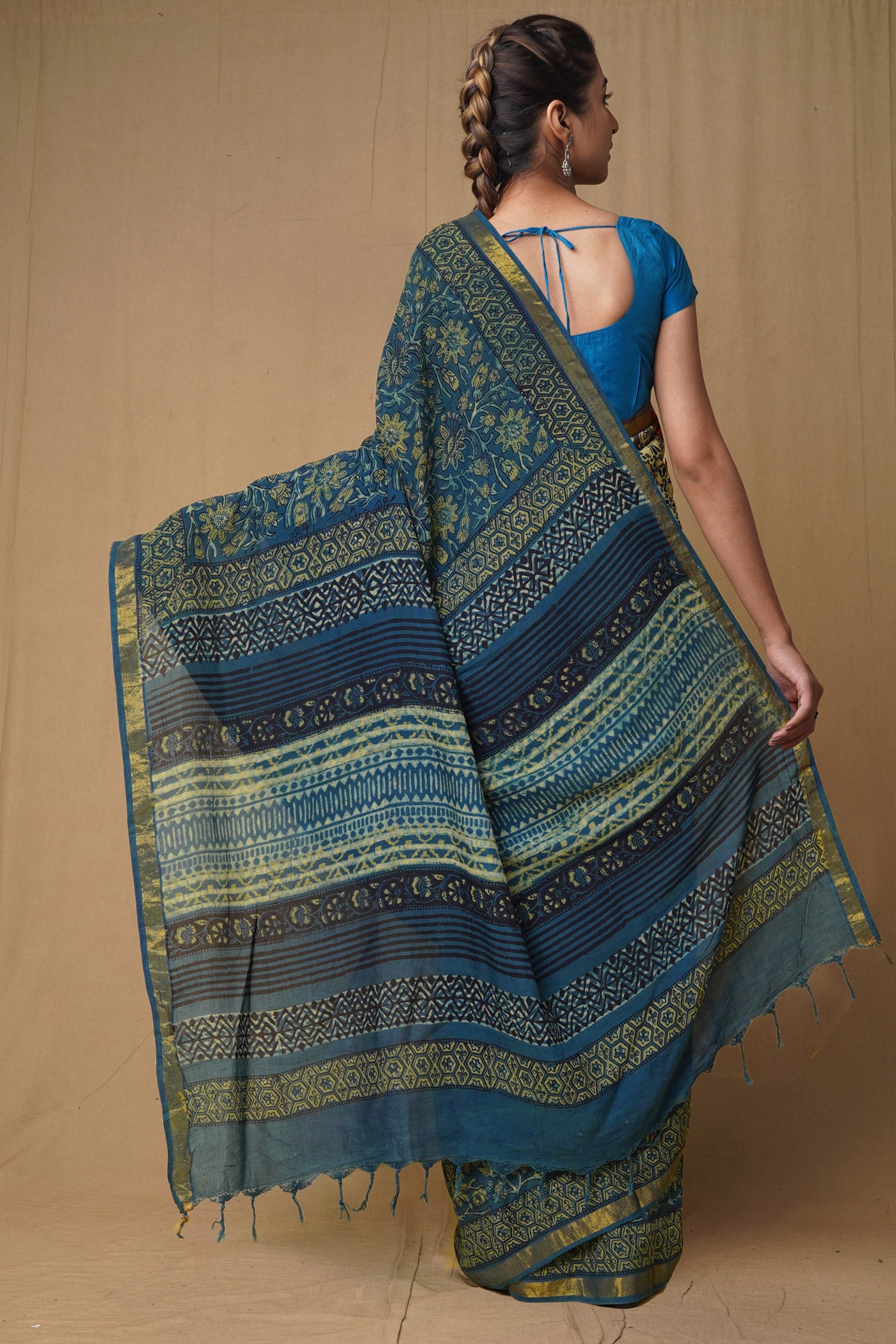 Blue Pure Ajrakh Printed Soft Silk Saree-UNM79670