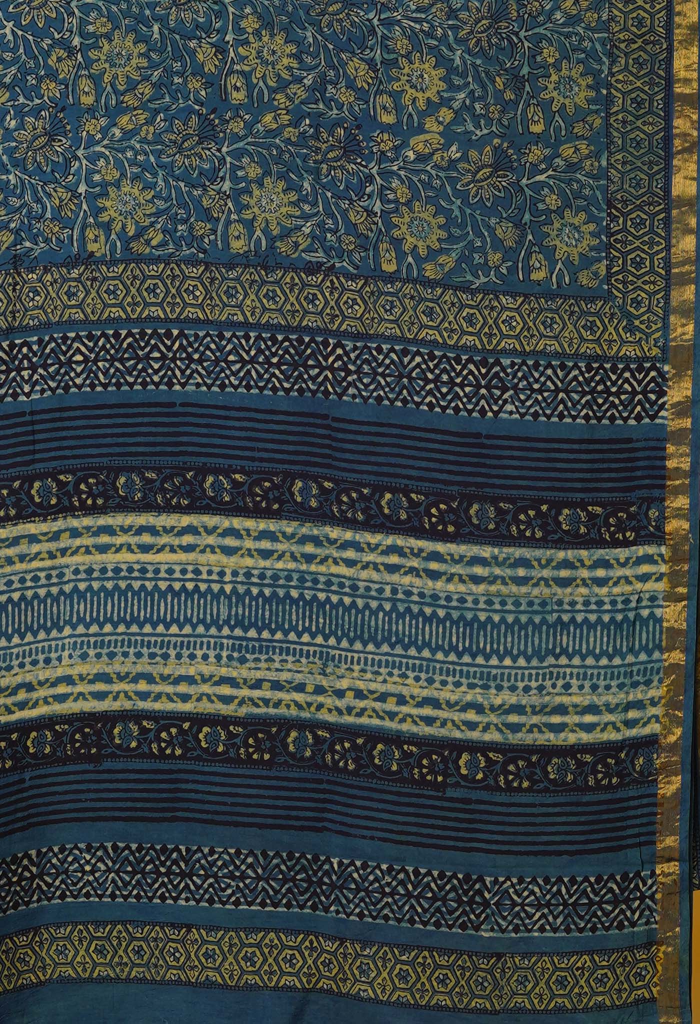 Blue Pure Ajrakh Printed Soft Silk Saree-UNM79670